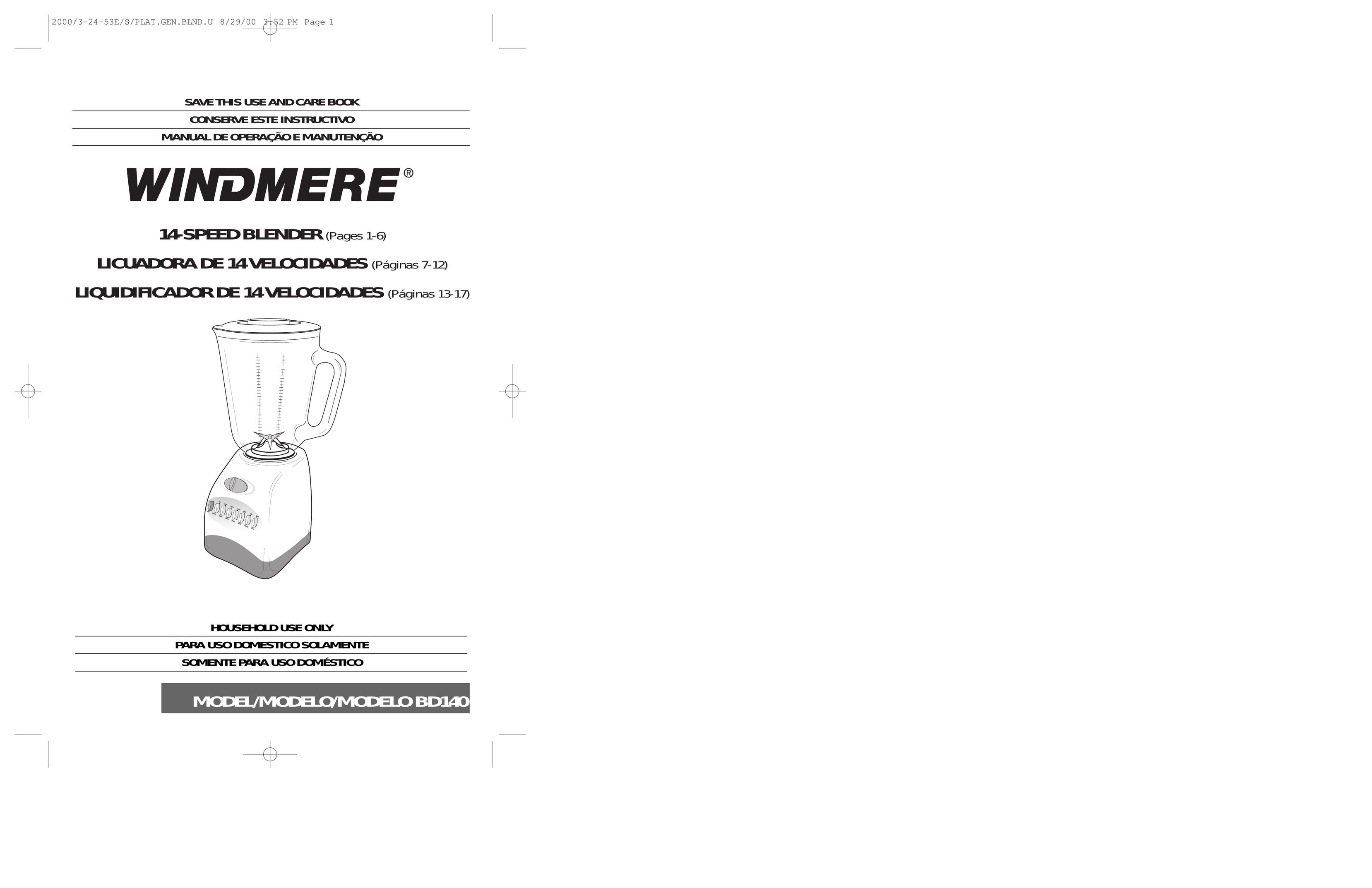 Windmere BD140 Blender User Manual