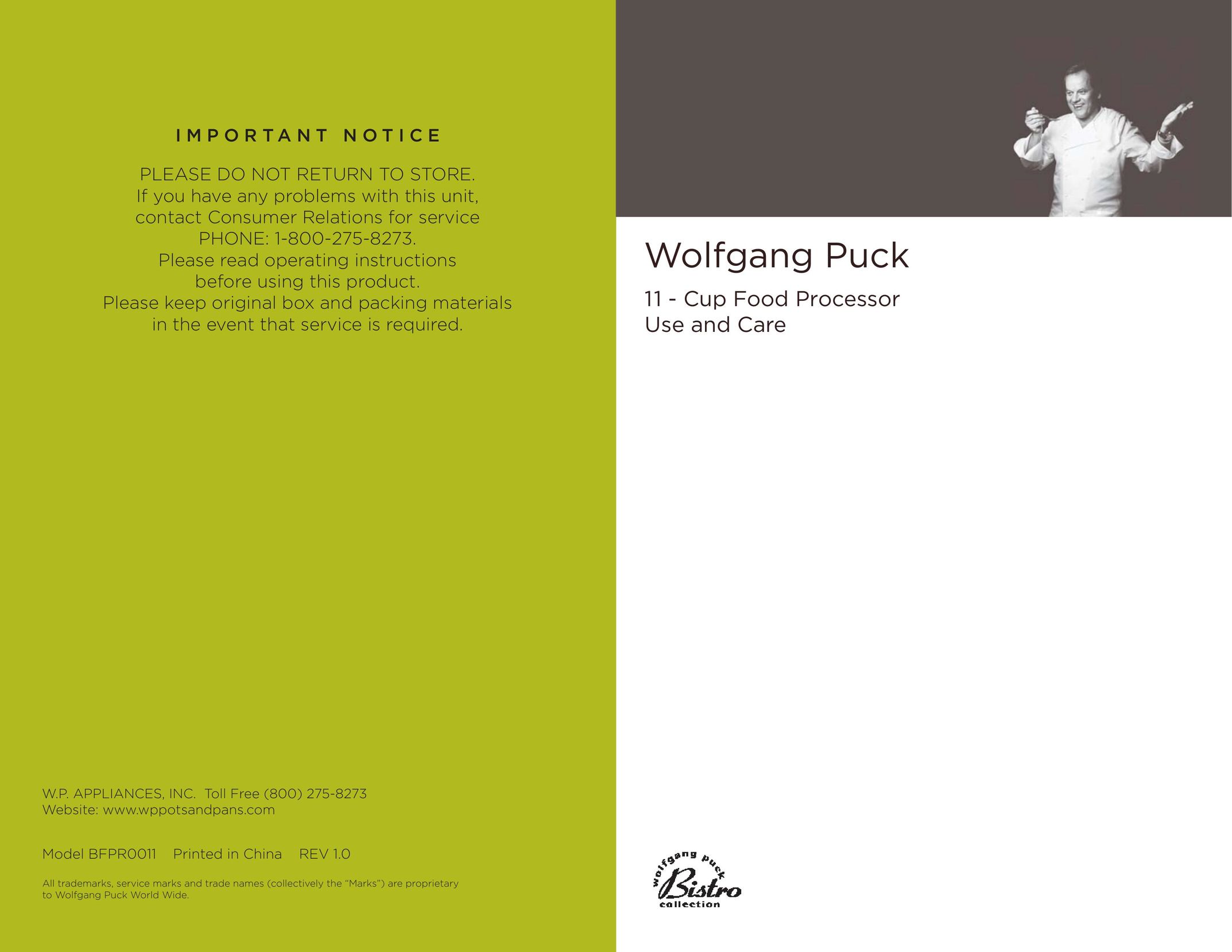 Wolfgang Puck BFPR0011 Blender User Manual