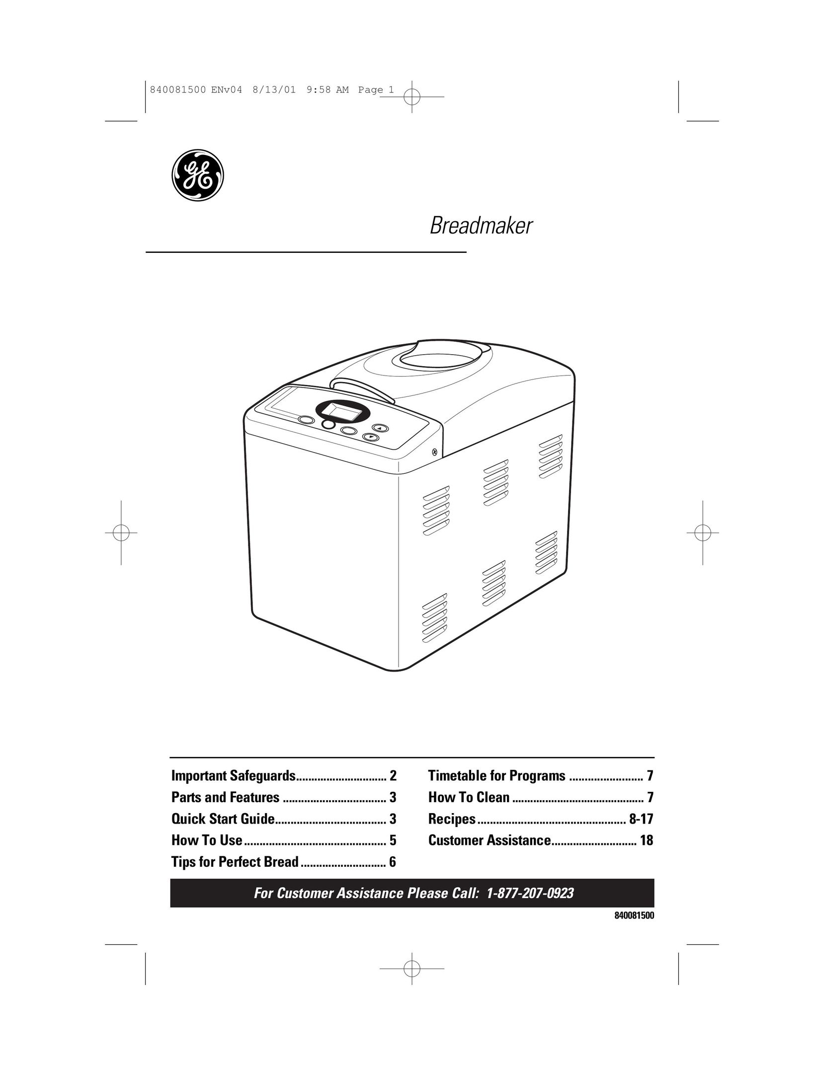GE 840081500 Bread Maker User Manual
