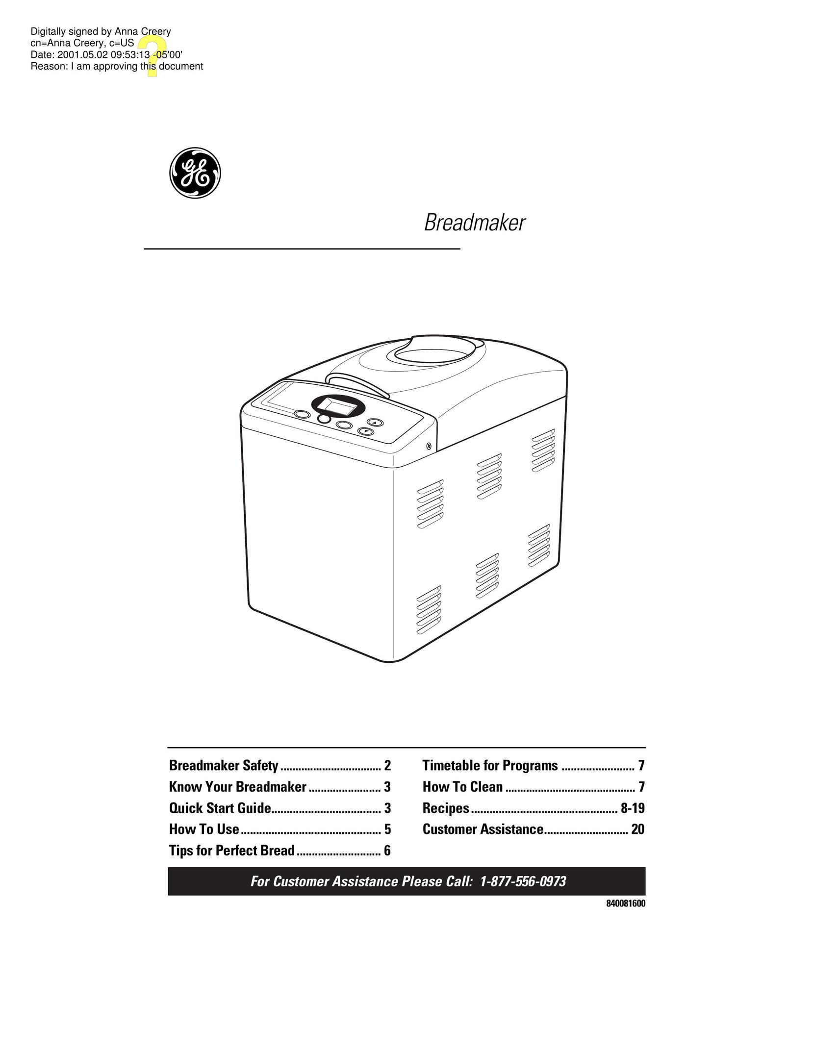 GE 840081600 Bread Maker User Manual