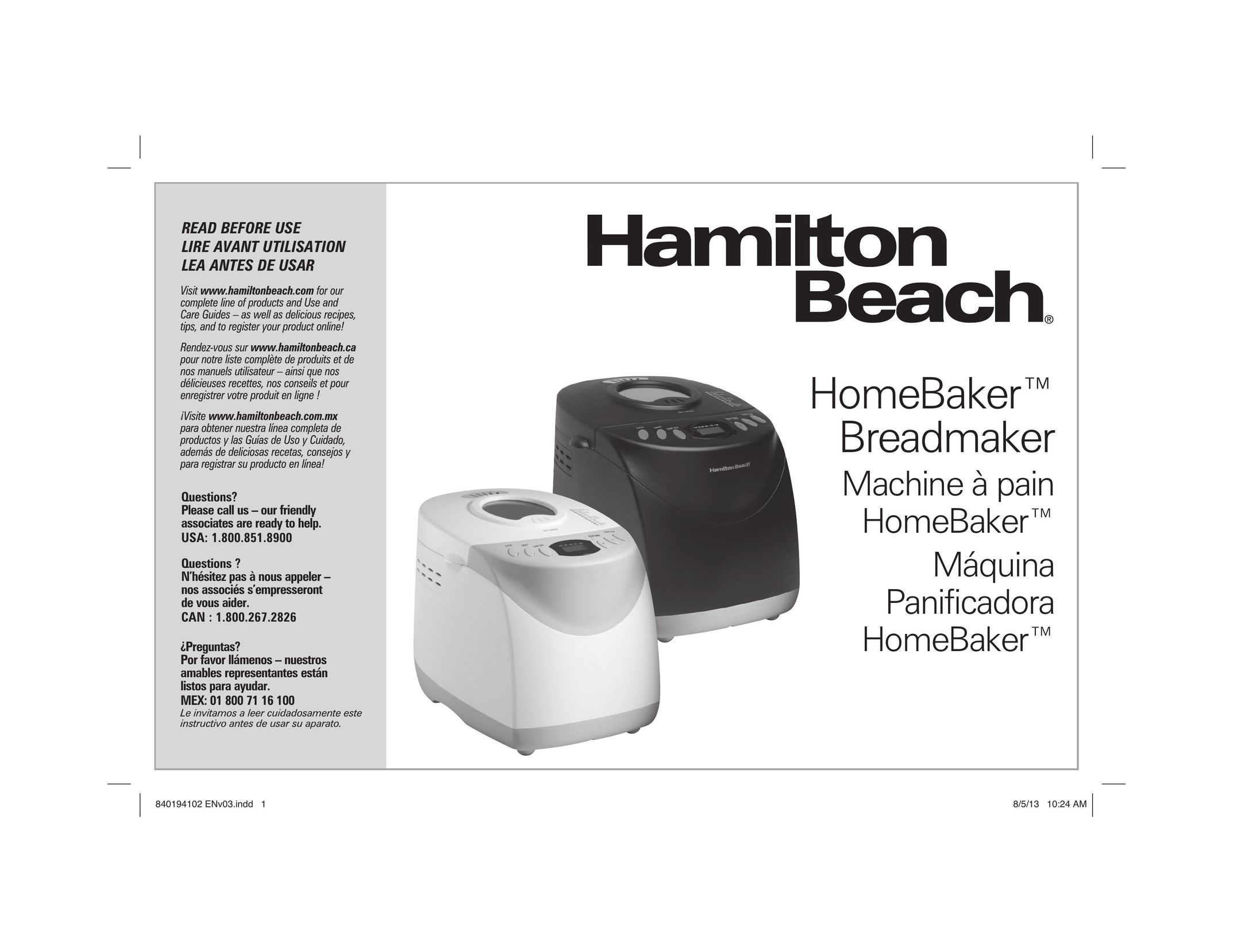 Hamilton Beach Hamilton Beach HomeBaker Breadmaker Bread Maker User Manual