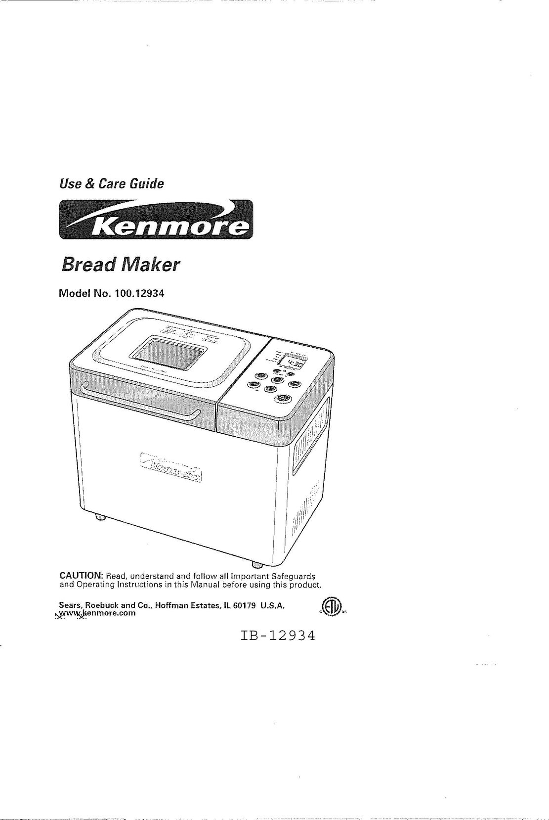 Kenmore 100.12934 Bread Maker User Manual