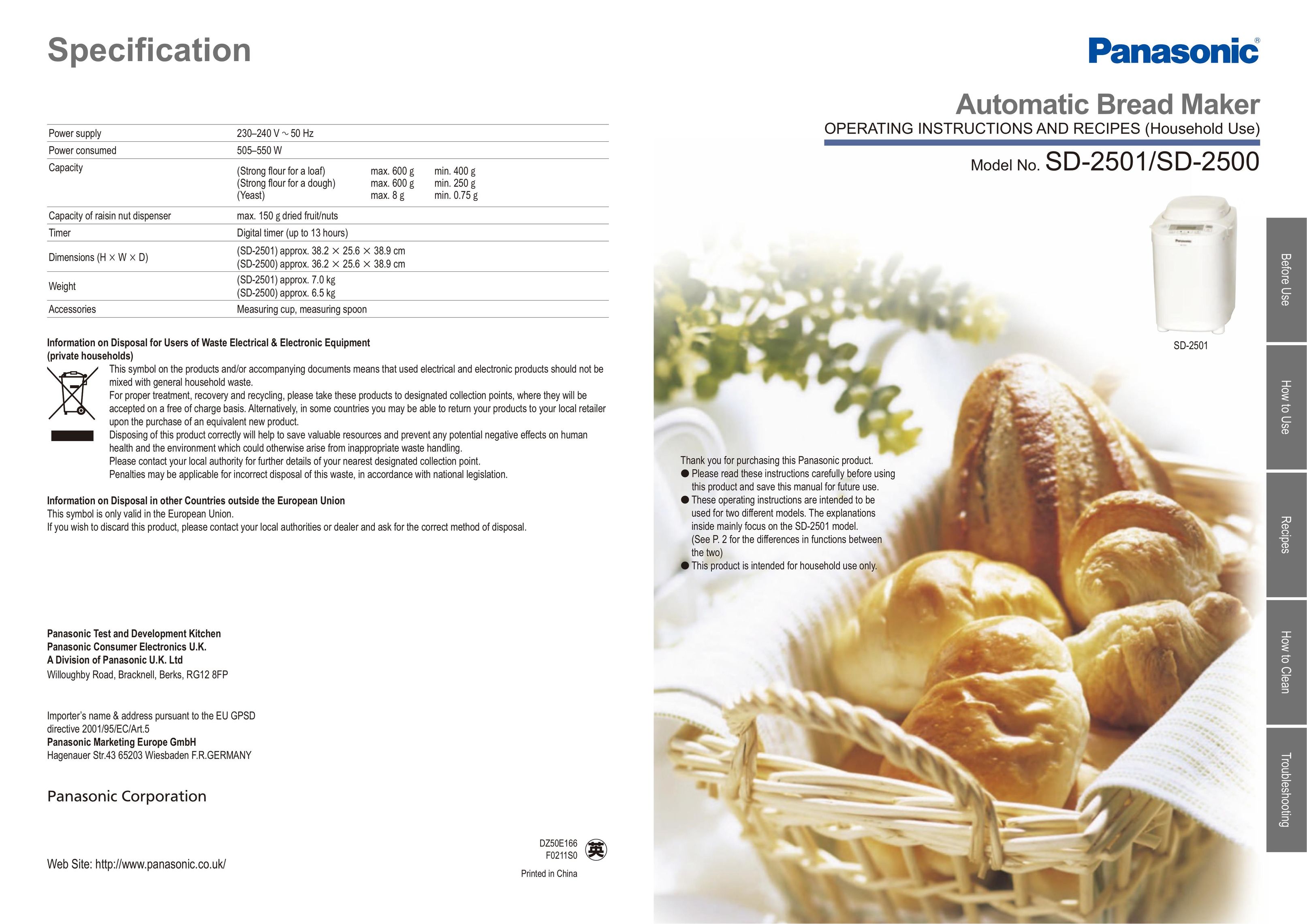 Panasonic SD-2501 Bread Maker User Manual