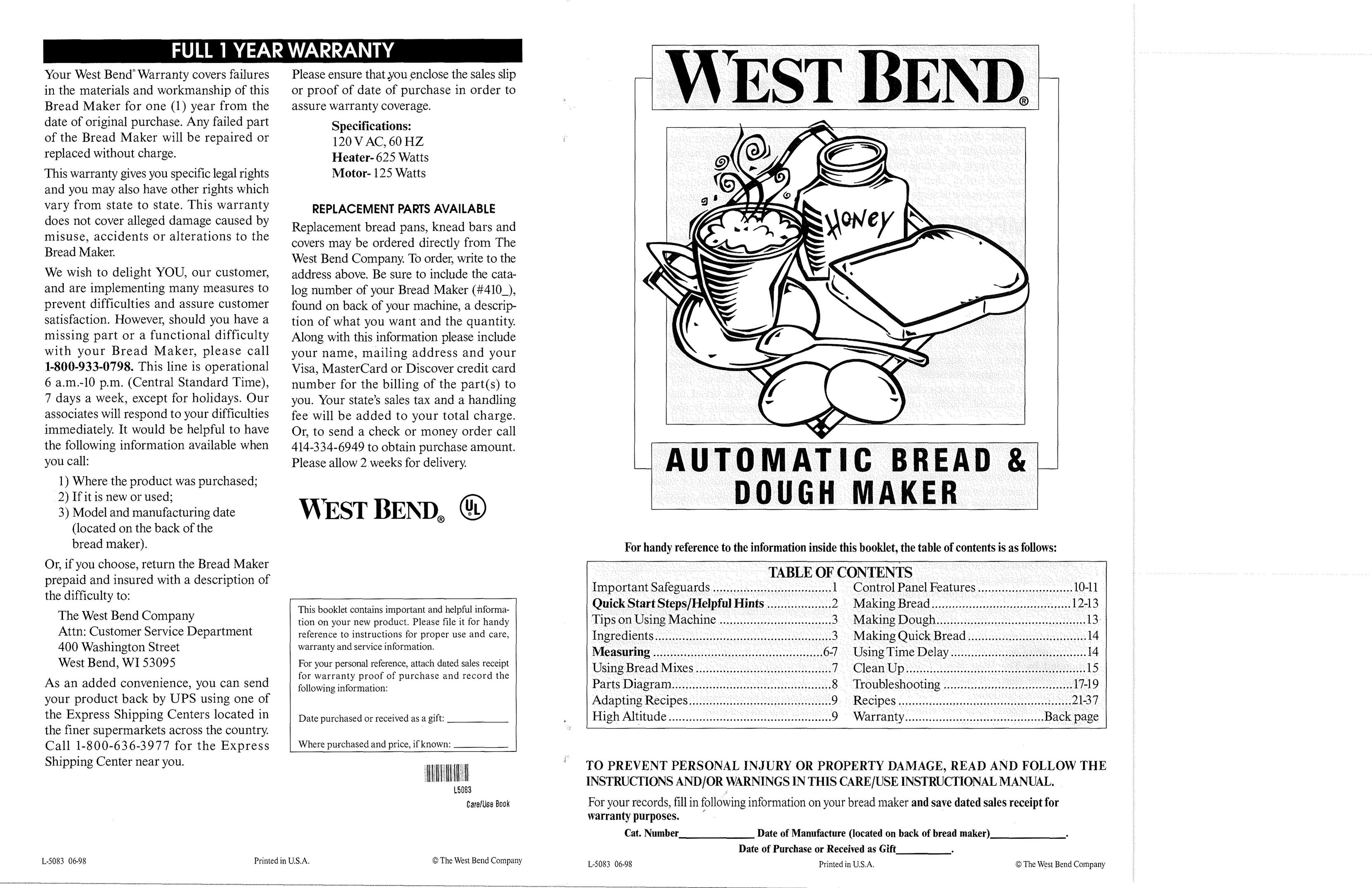West Bend L5083 Bread Maker User Manual