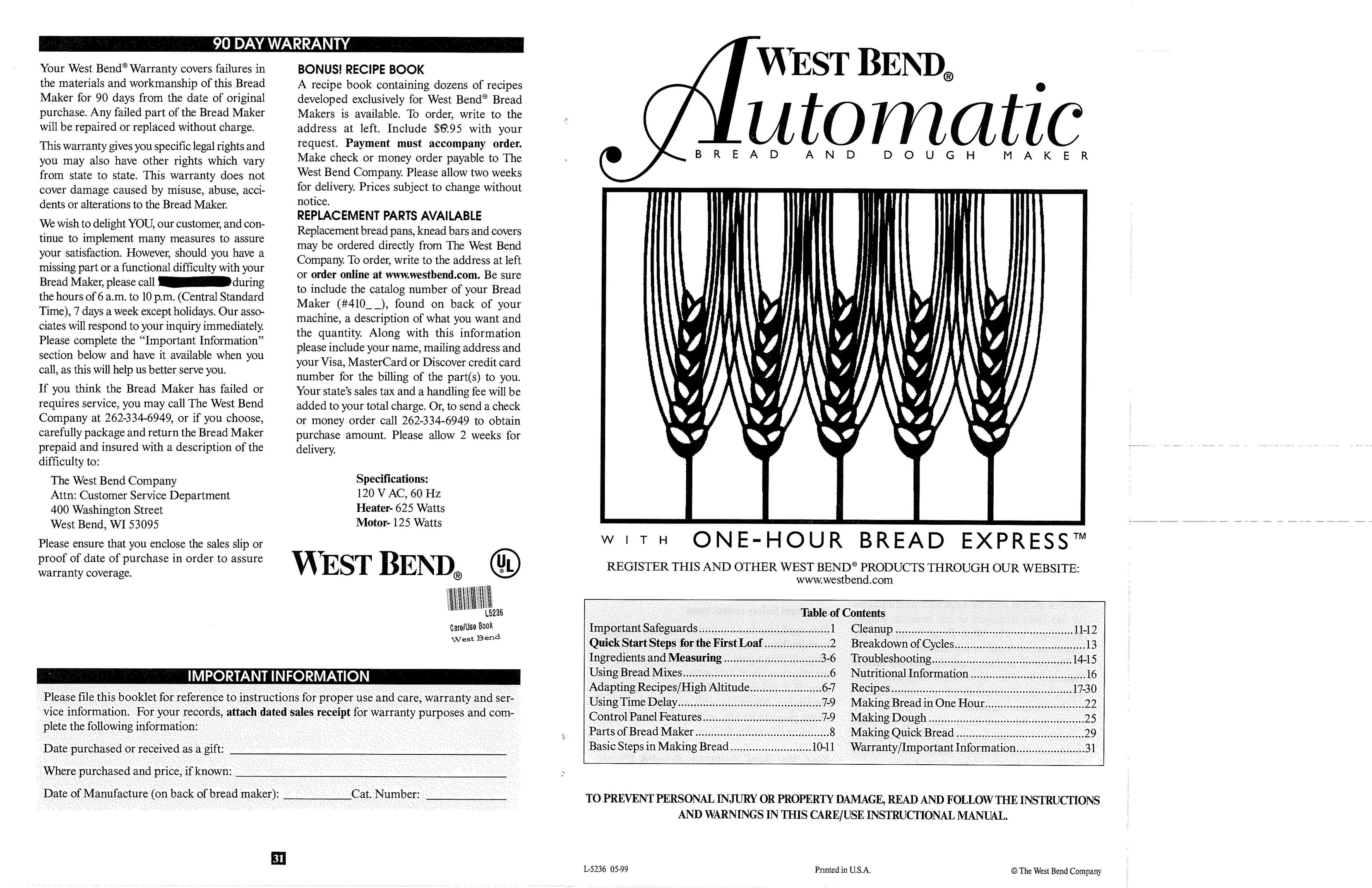 West Bend L5236 Bread Maker User Manual