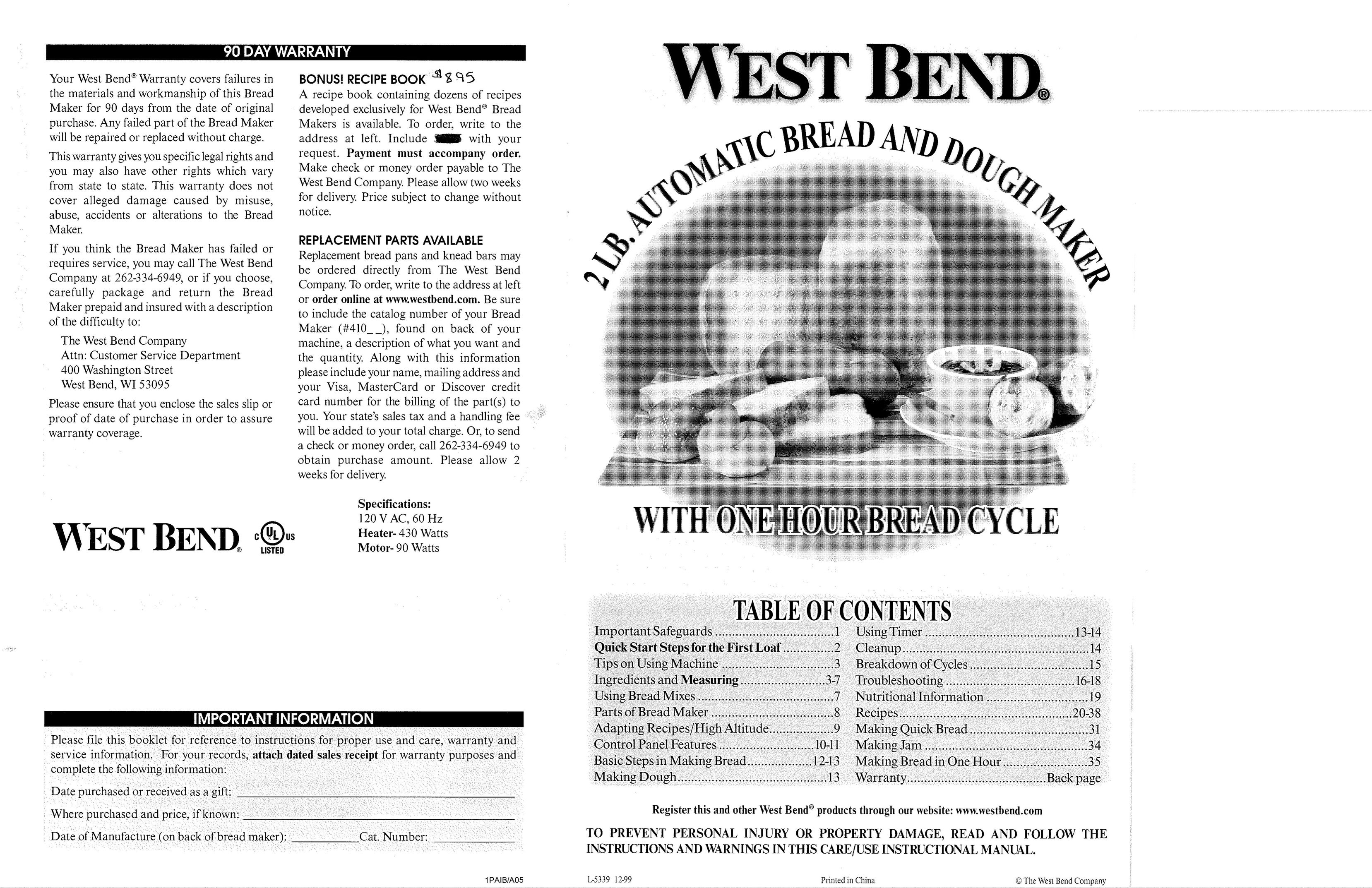 West Bend L5339 Bread Maker User Manual