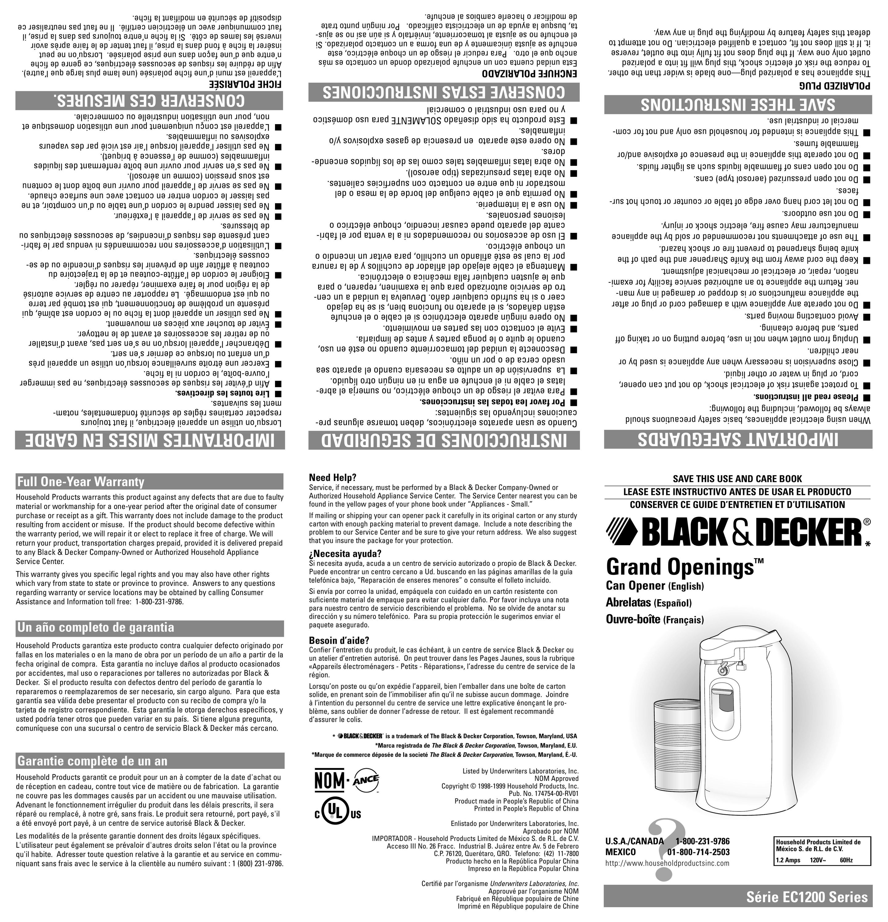 Black & Decker EC1200B Can Opener User Manual