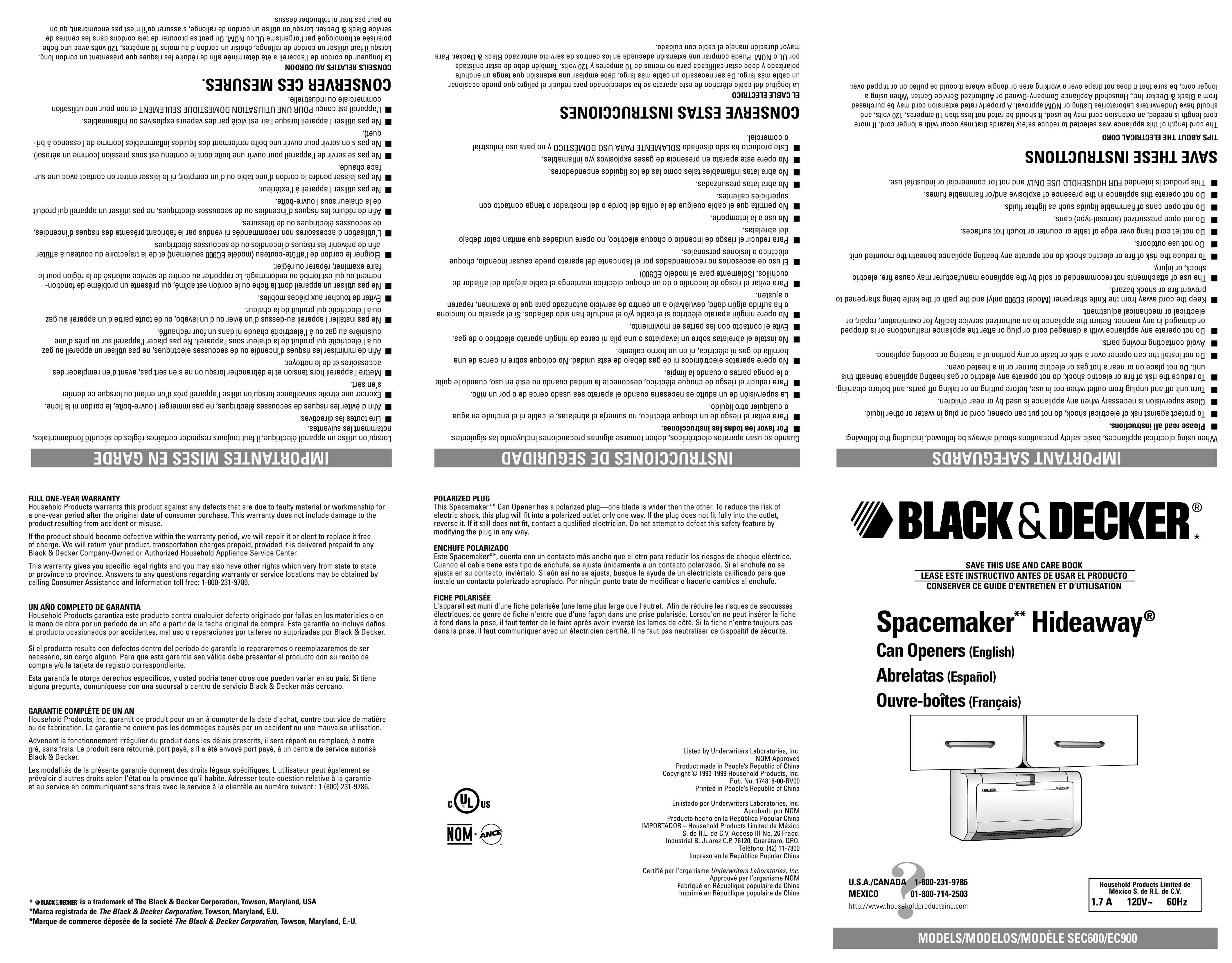 Black & Decker EC600/EC900 Can Opener User Manual