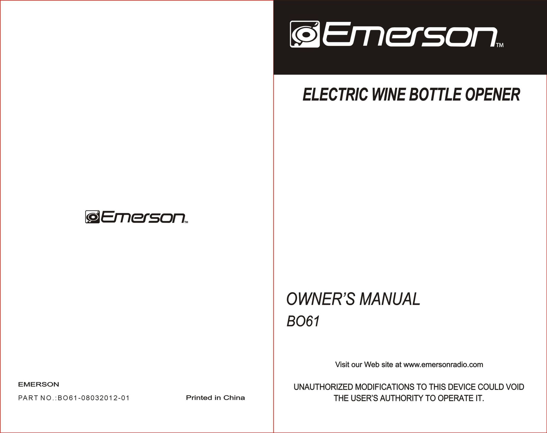 Emerson BO61 Can Opener User Manual