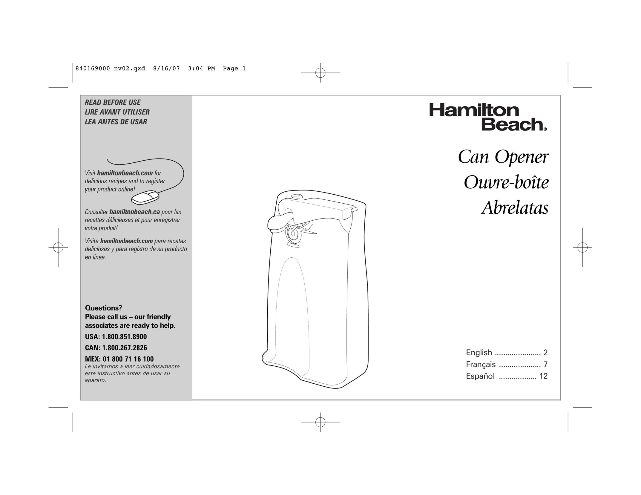 Hamilton Beach 76370 Can Opener User Manual