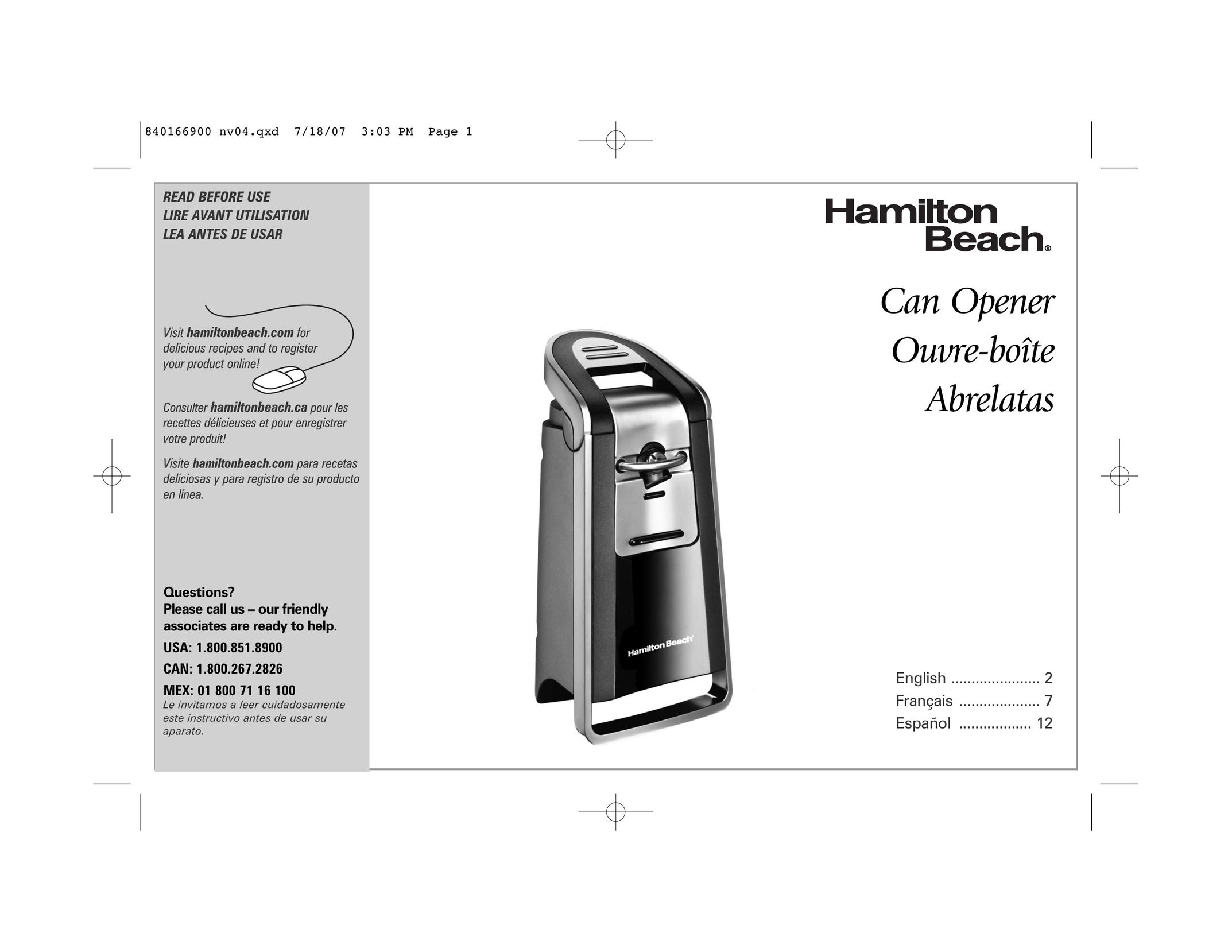 Hamilton Beach 76607 Can Opener User Manual