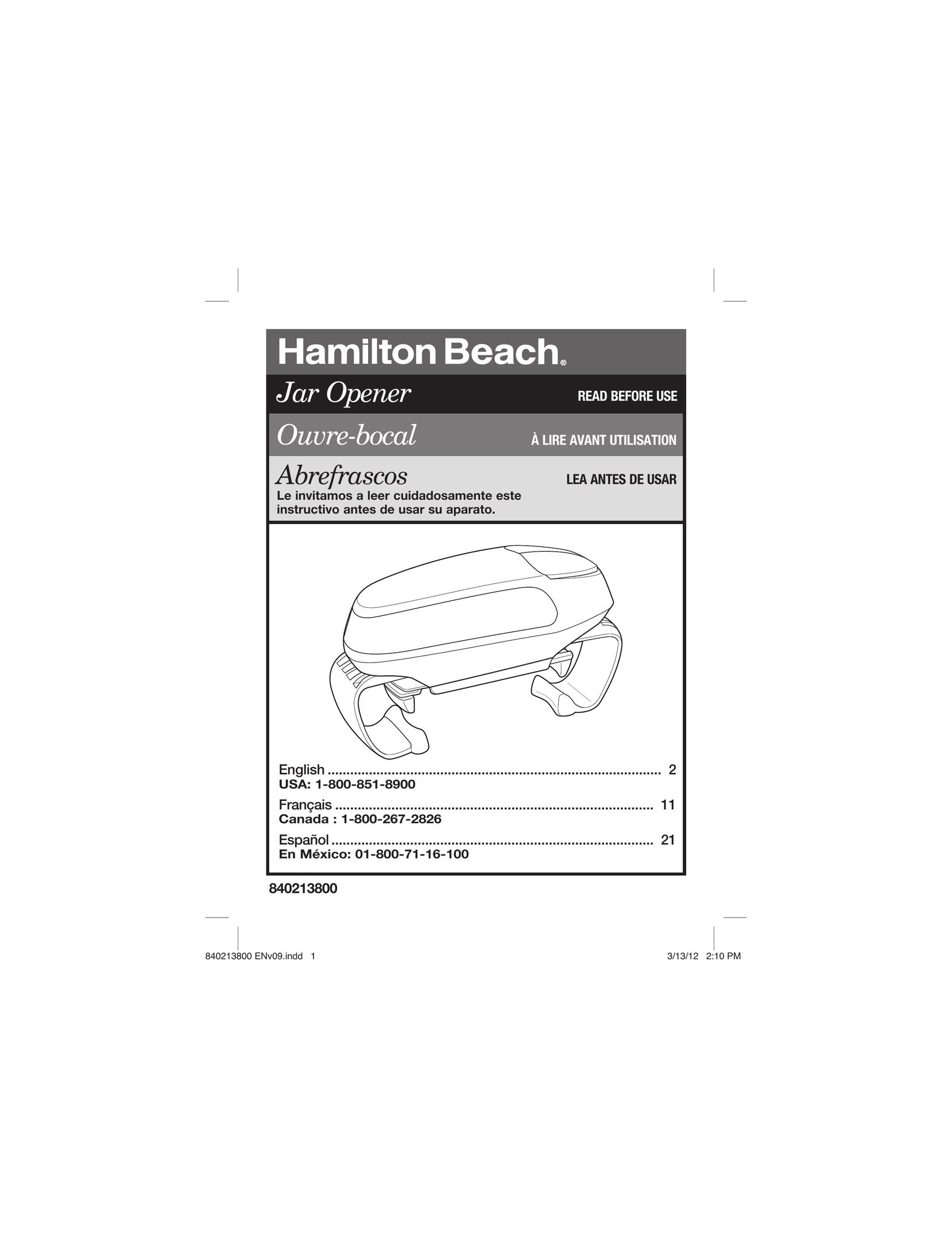 Hamilton Beach Jar Opener Can Opener User Manual