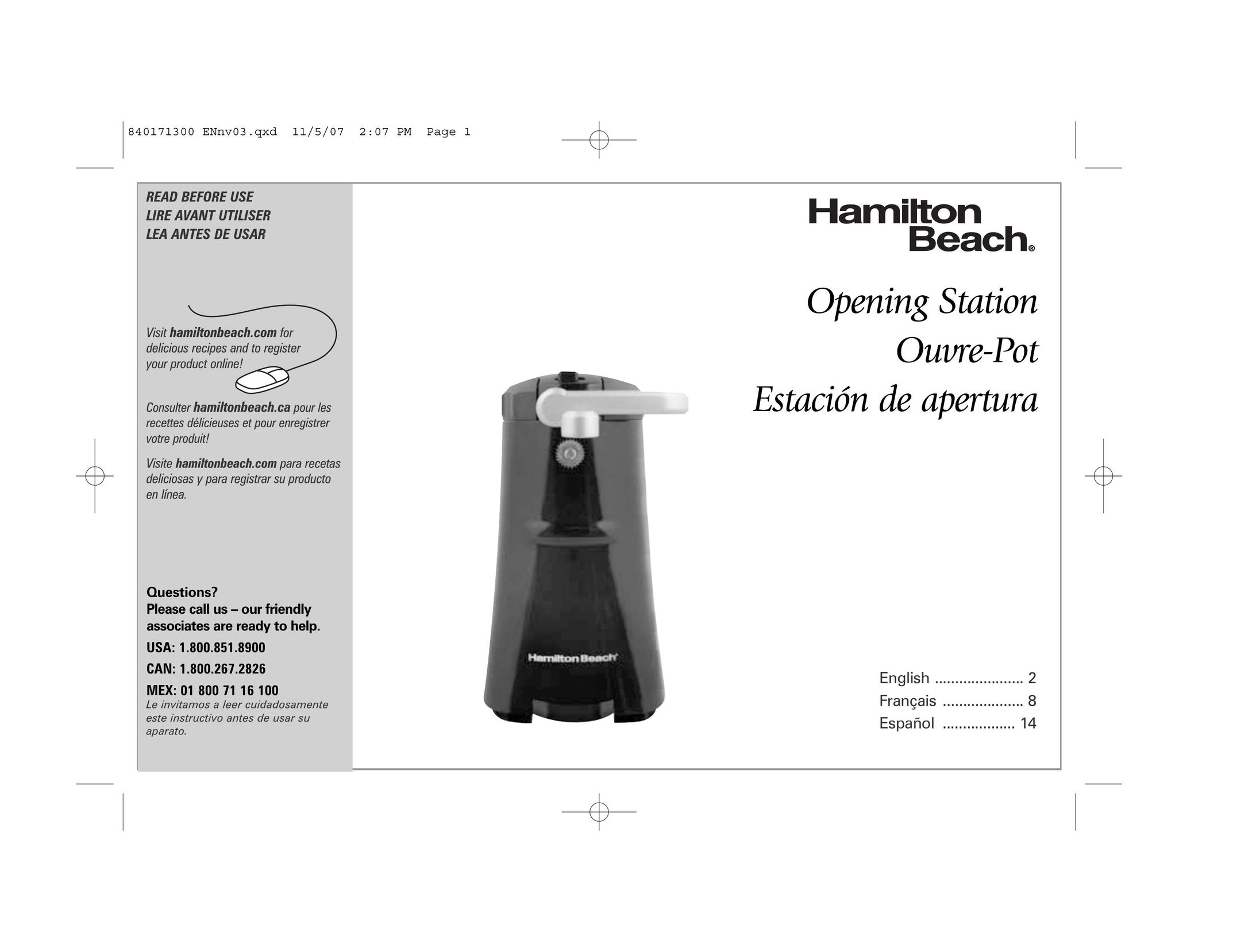 Hamilton Beach Opening Station Can Opener User Manual