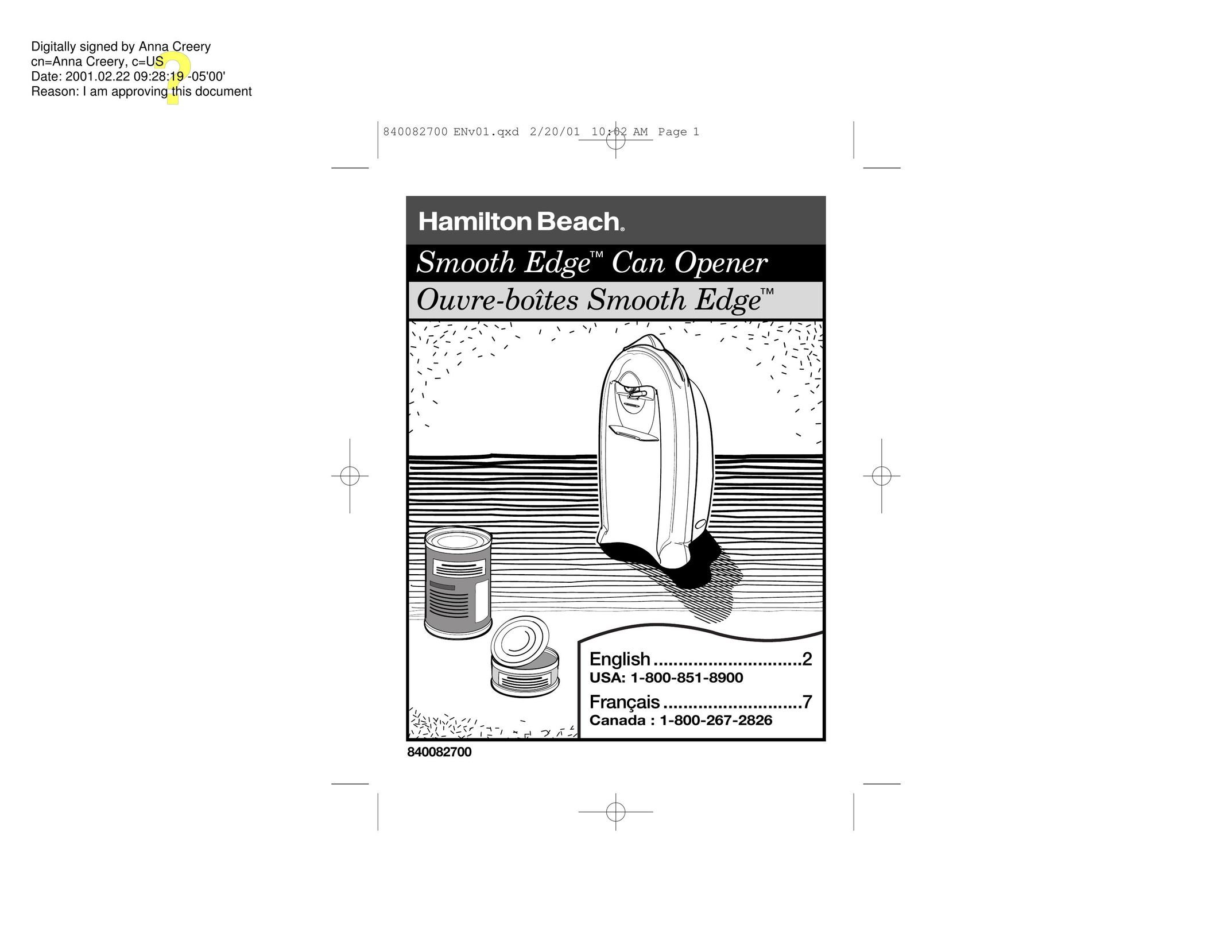 Hamilton Beach Smooth Edge Can Opener User Manual