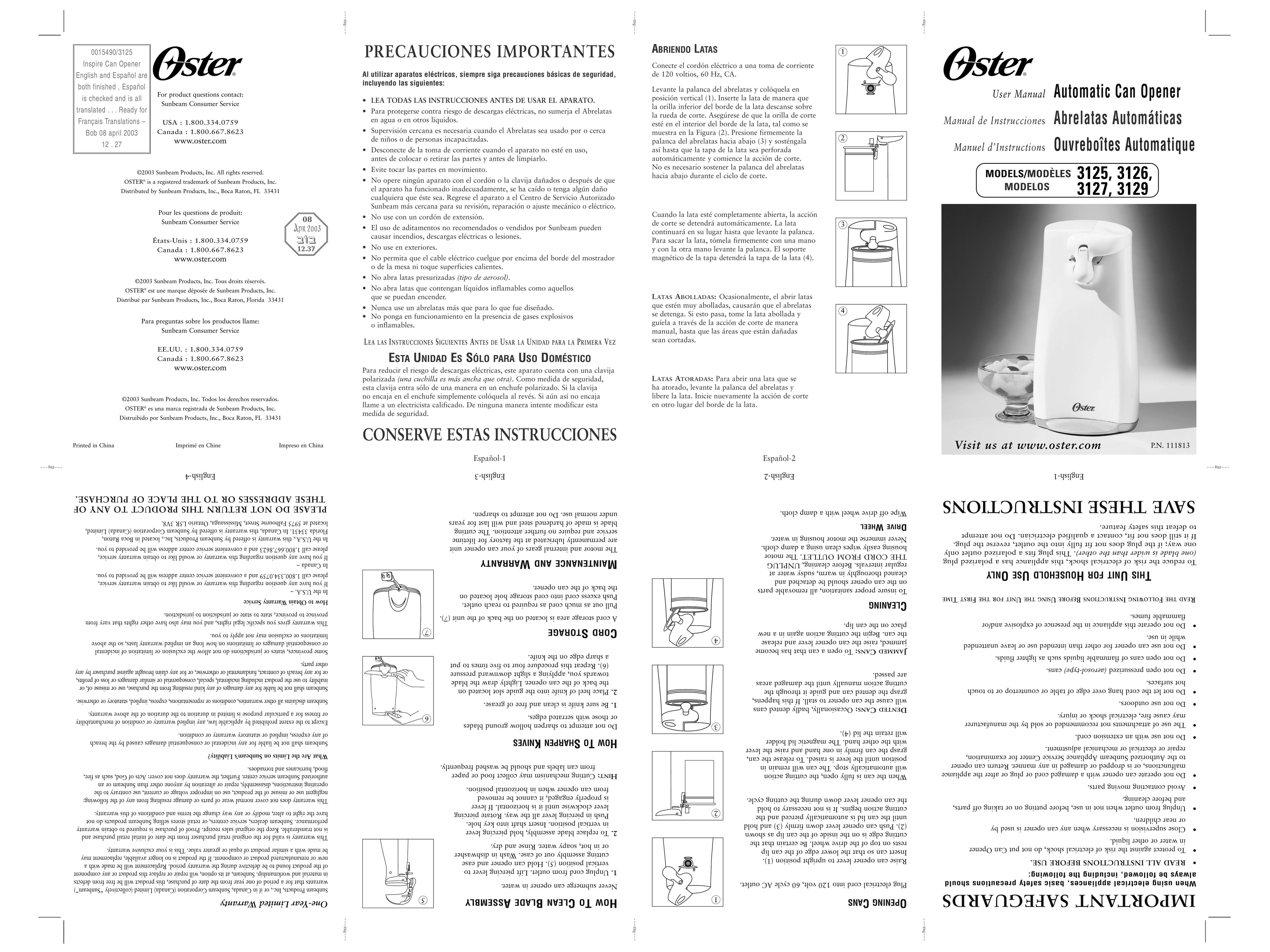 Oster 3127 Can Opener User Manual