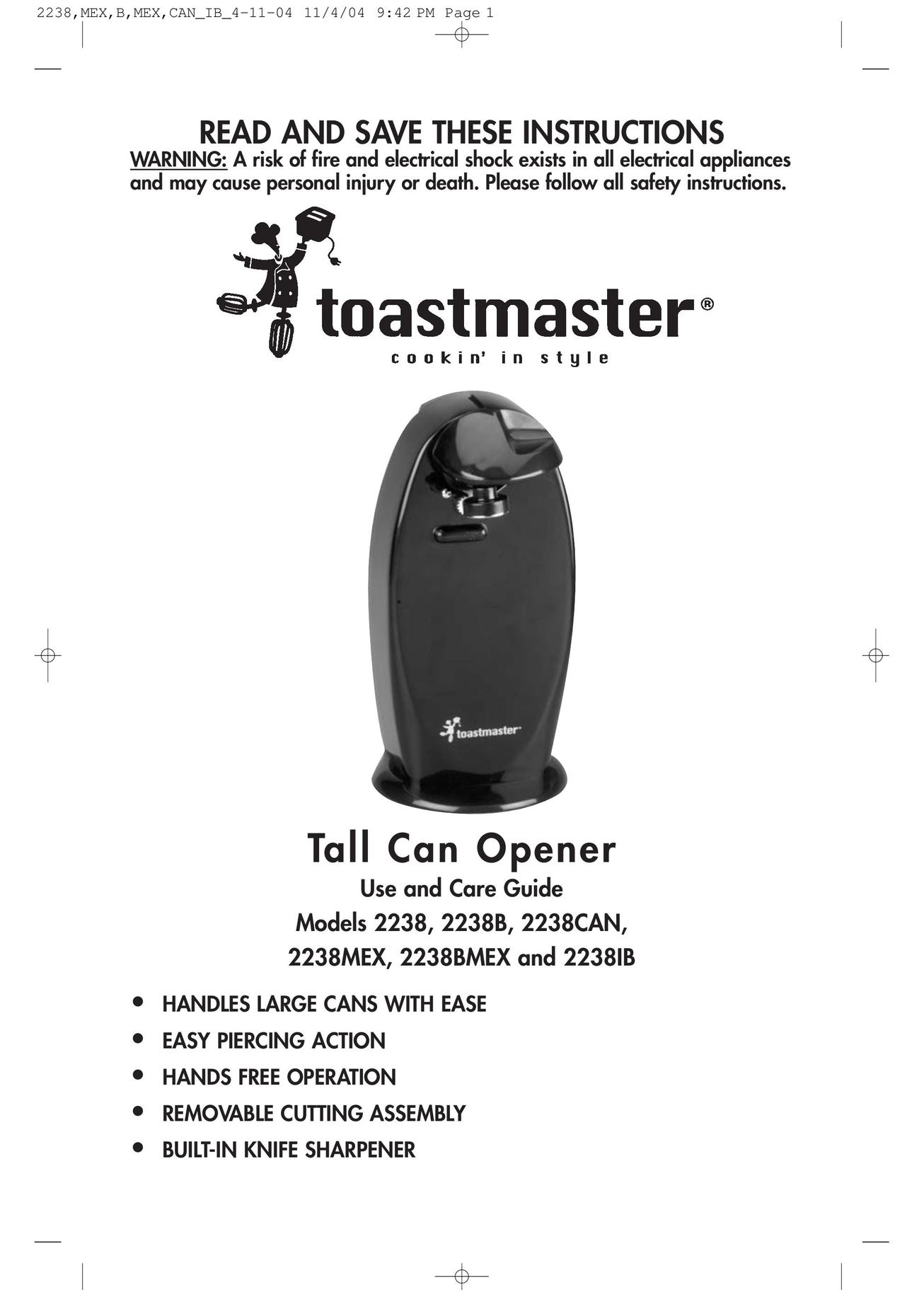 Toastmaster 2238BMEX Can Opener User Manual