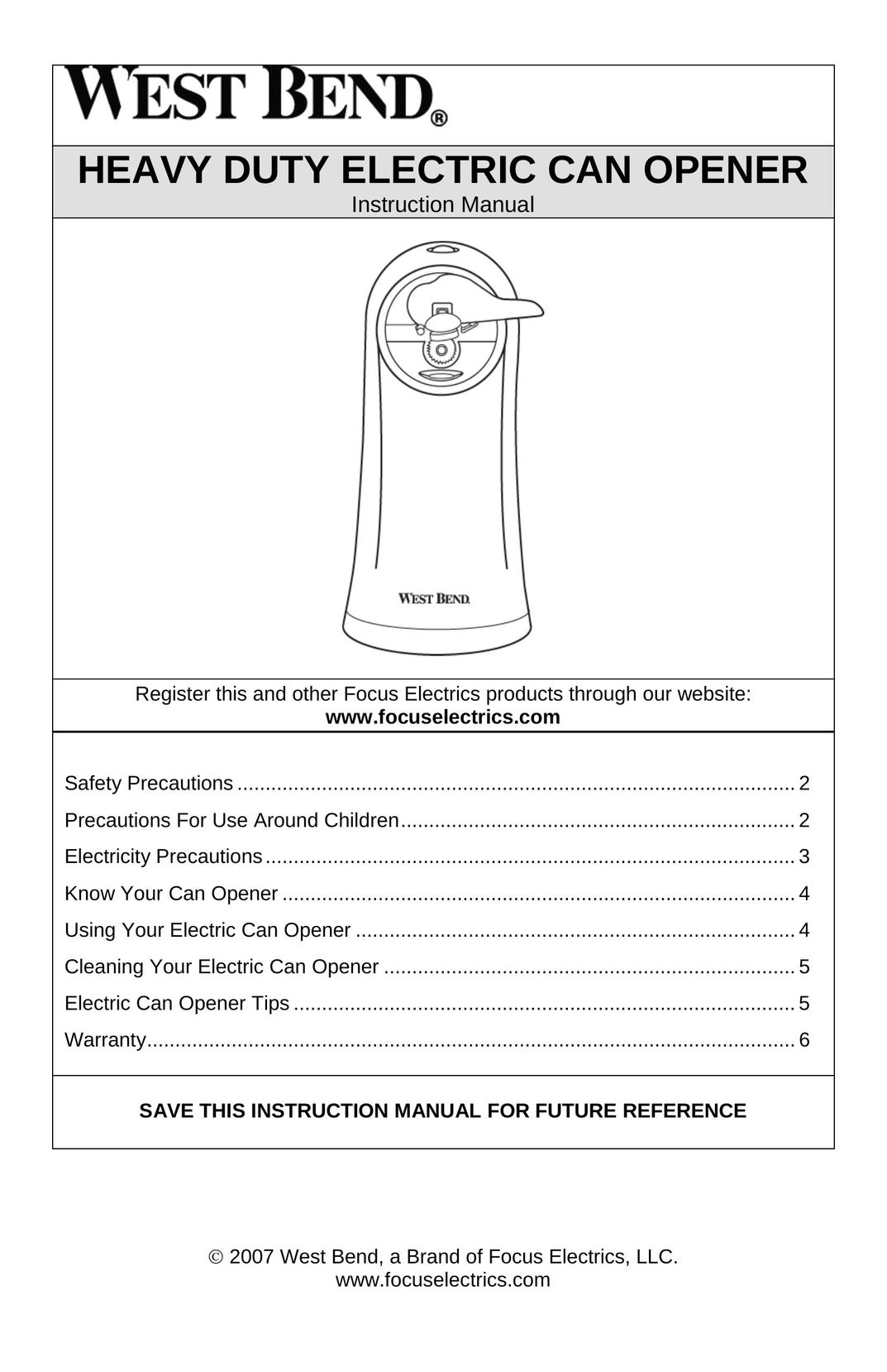West Bend 77201 Can Opener User Manual