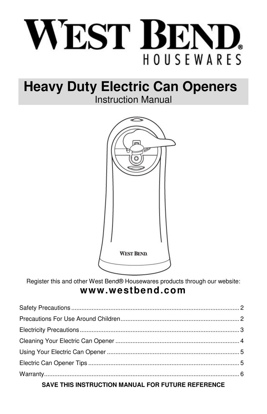 West Bend Electric Can Opener Can Opener User Manual