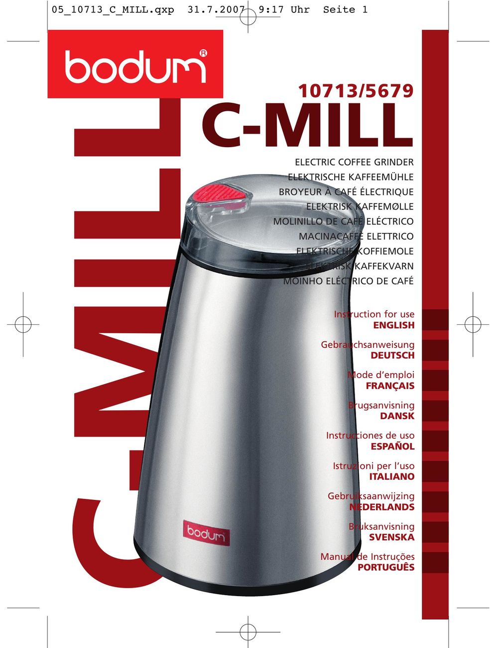 Bodum 10713 Coffee Grinder User Manual