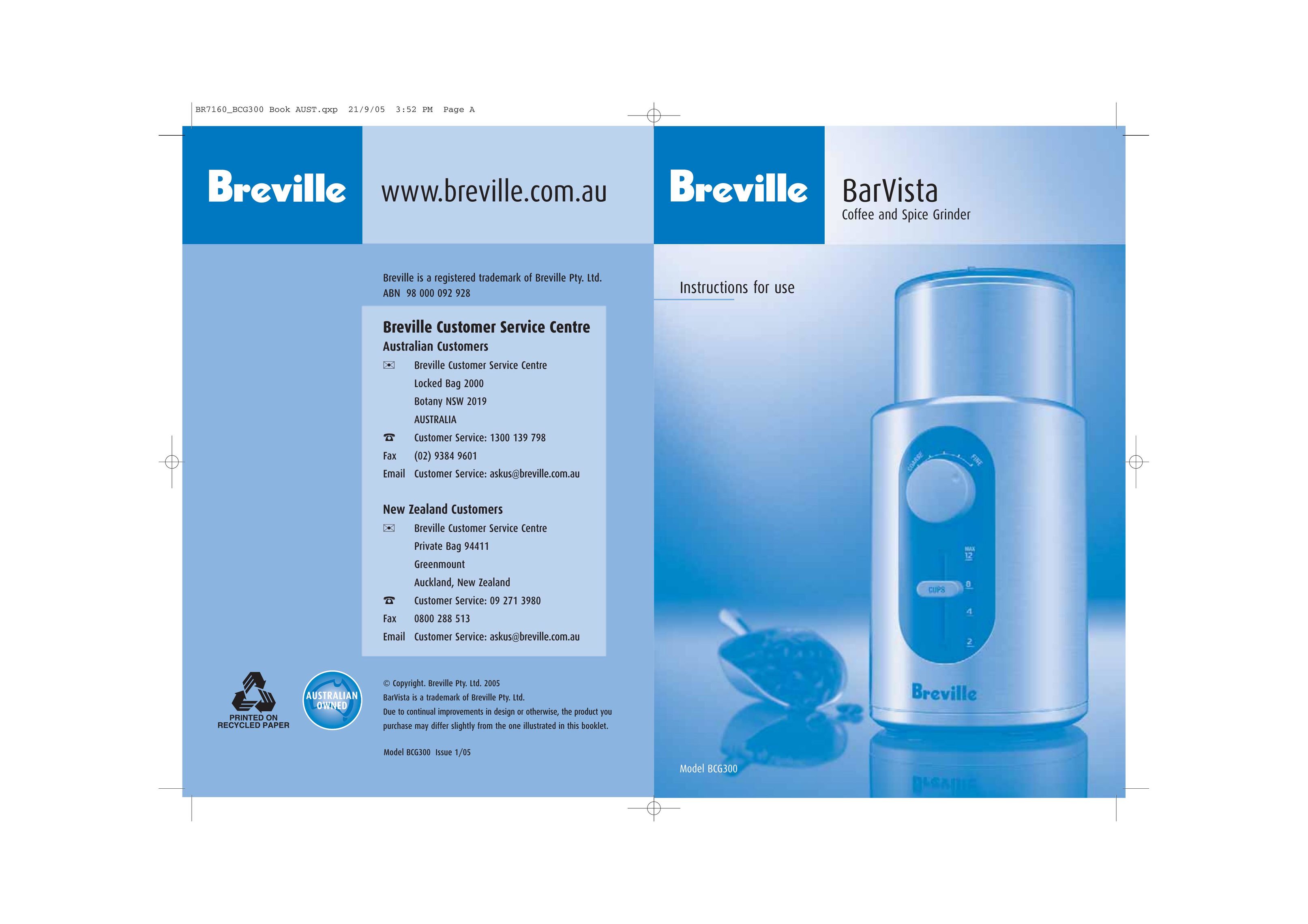Breville BCG300 Coffee Grinder User Manual