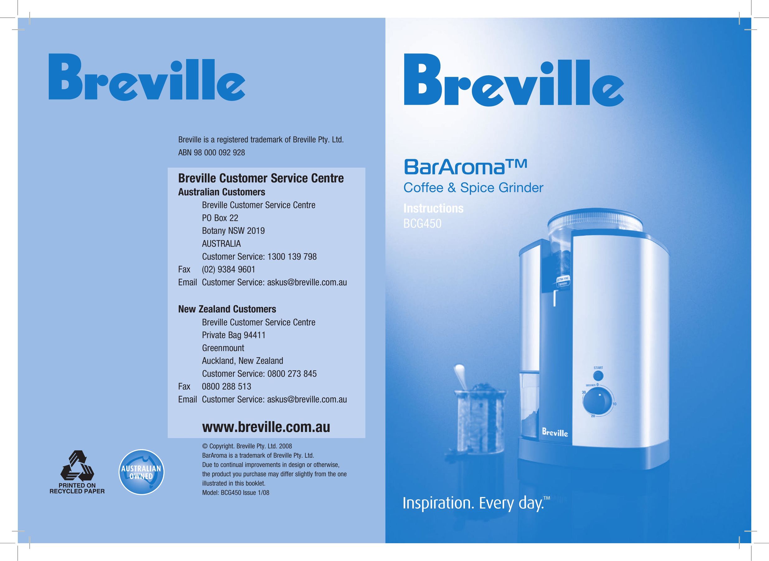 Breville BCG450 Coffee Grinder User Manual