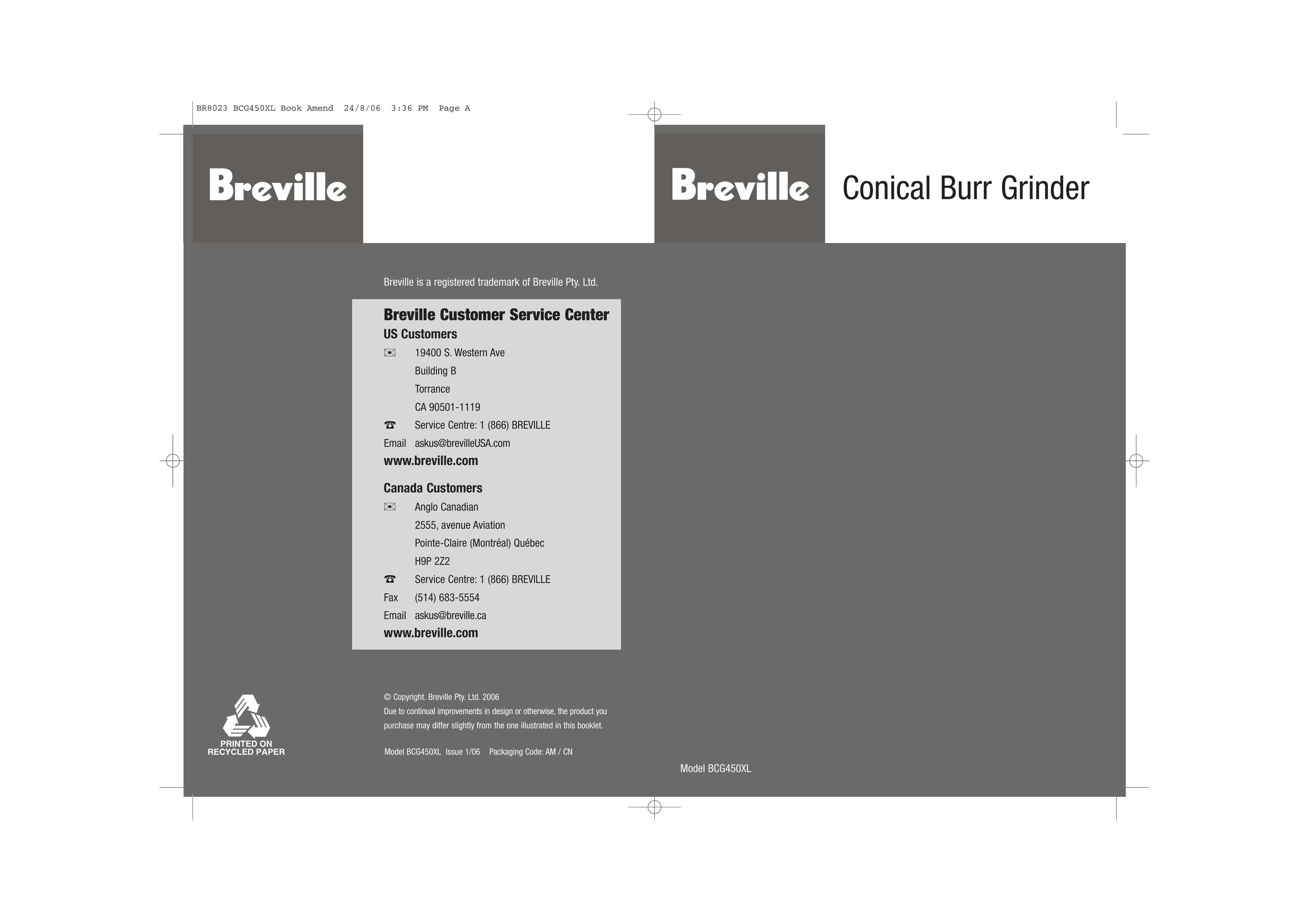 Breville BCG450XL Coffee Grinder User Manual