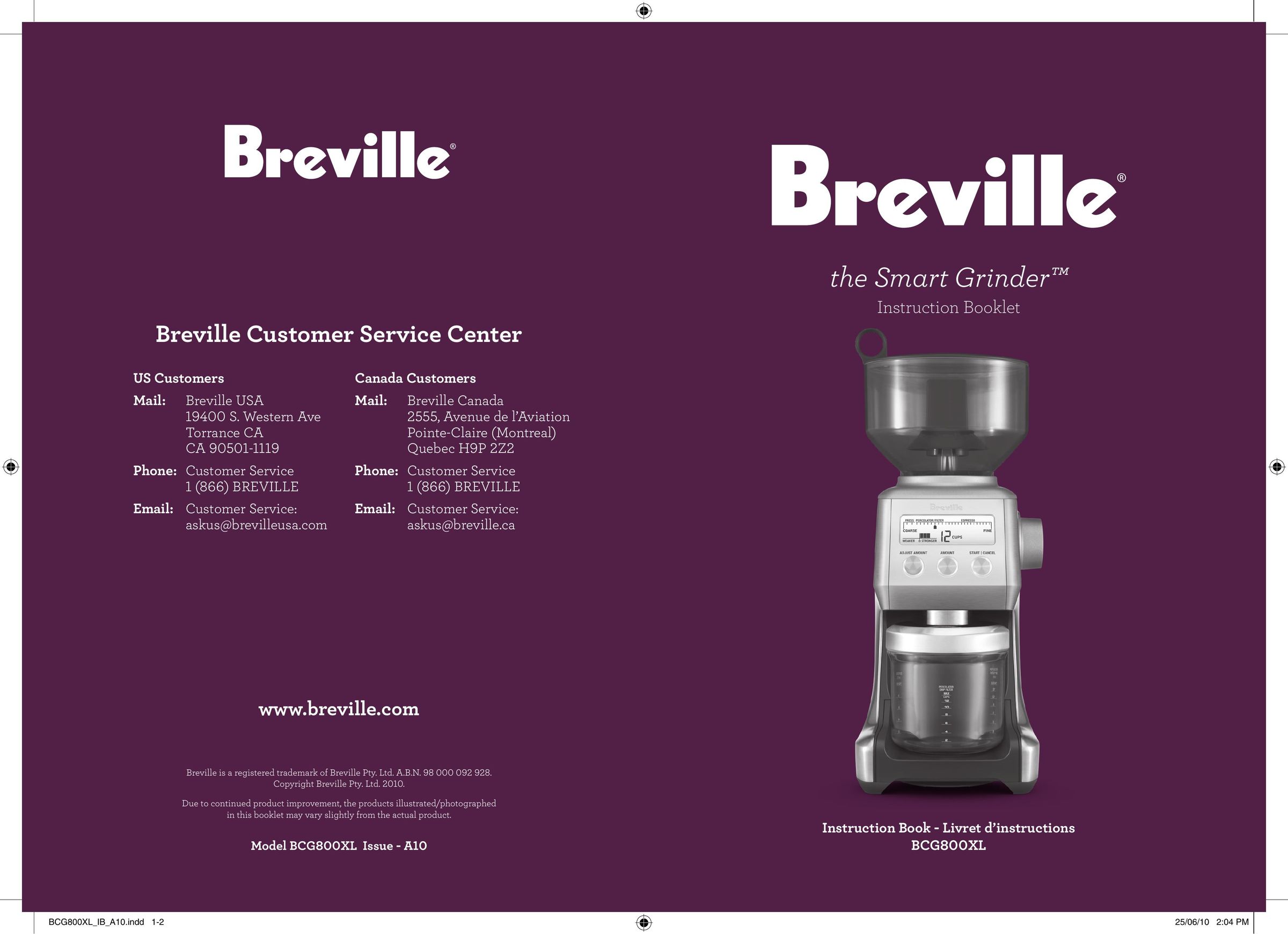 Breville BCG800XL Coffee Grinder User Manual