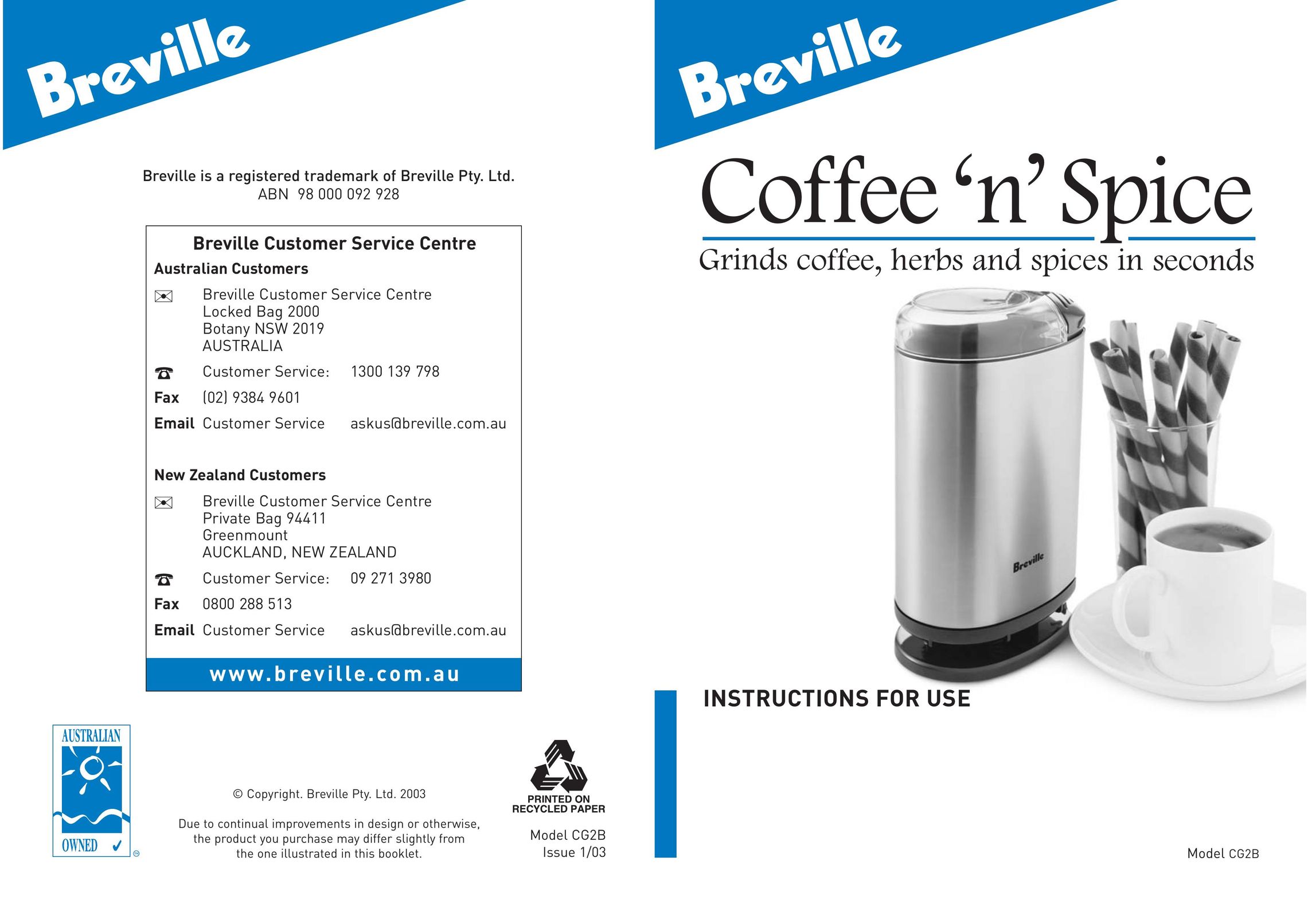 Breville CG2B Coffee Grinder User Manual
