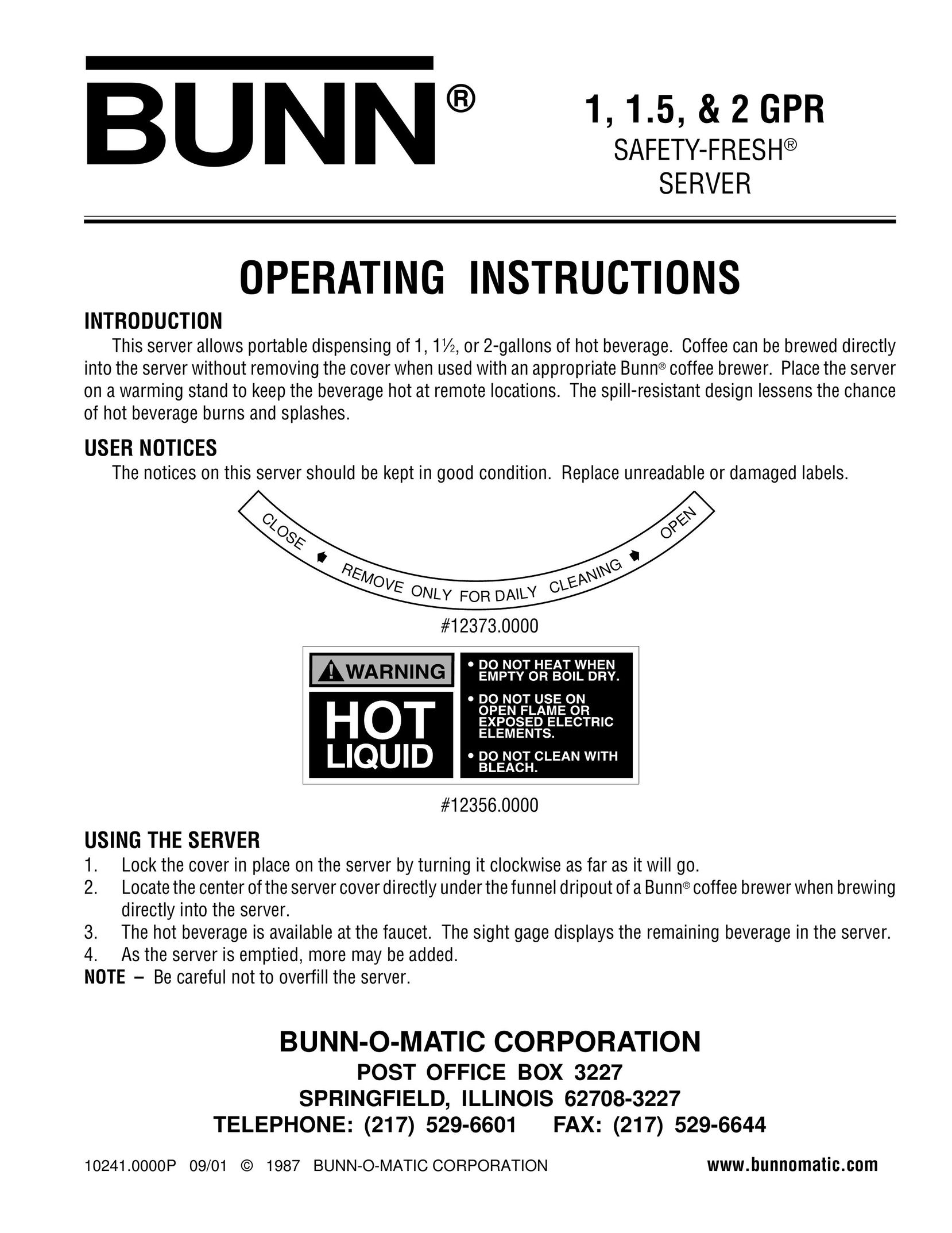 Bunn 1.5 GPR Coffee Grinder User Manual