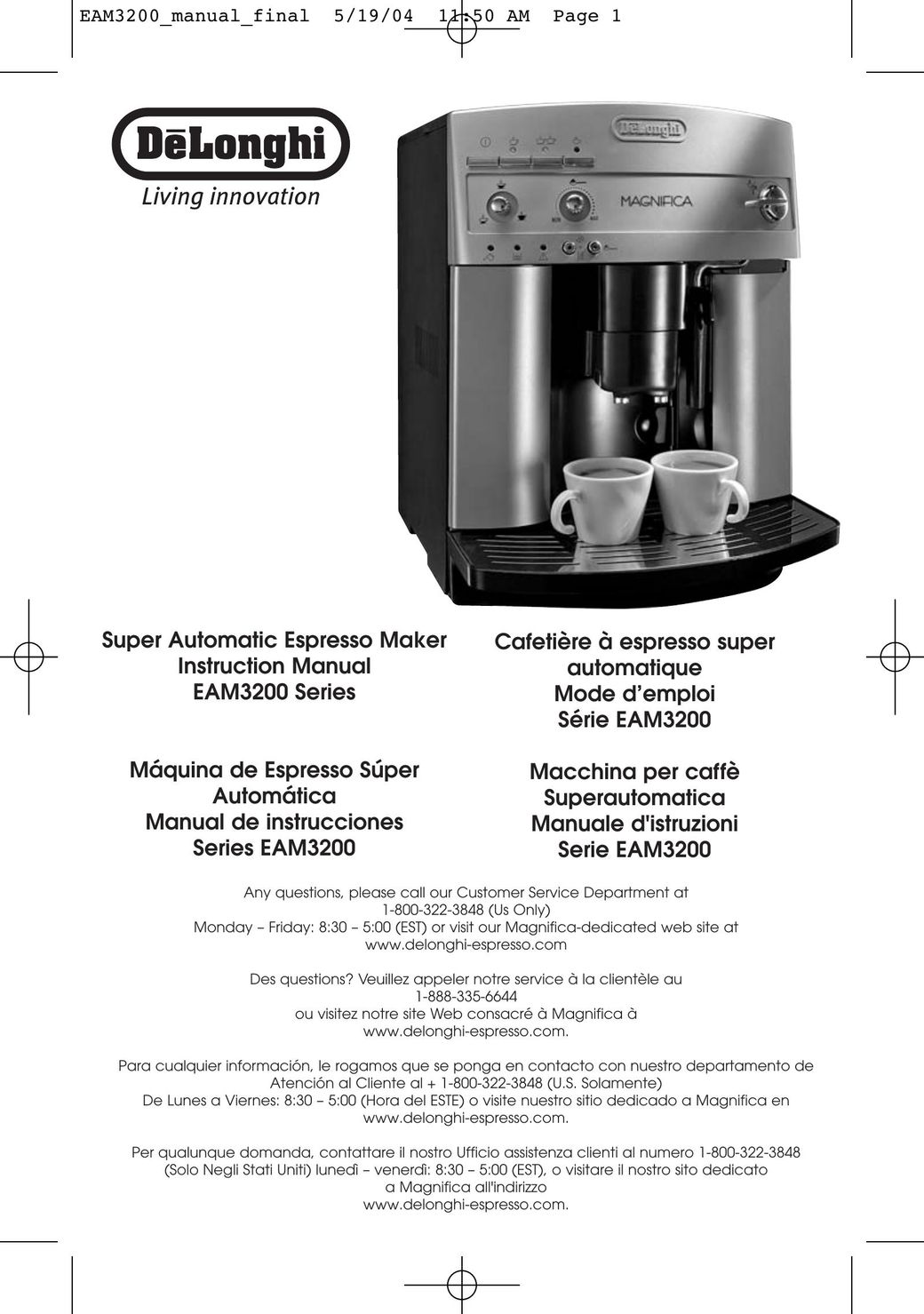 DeLonghi EAM3200 Coffee Grinder User Manual