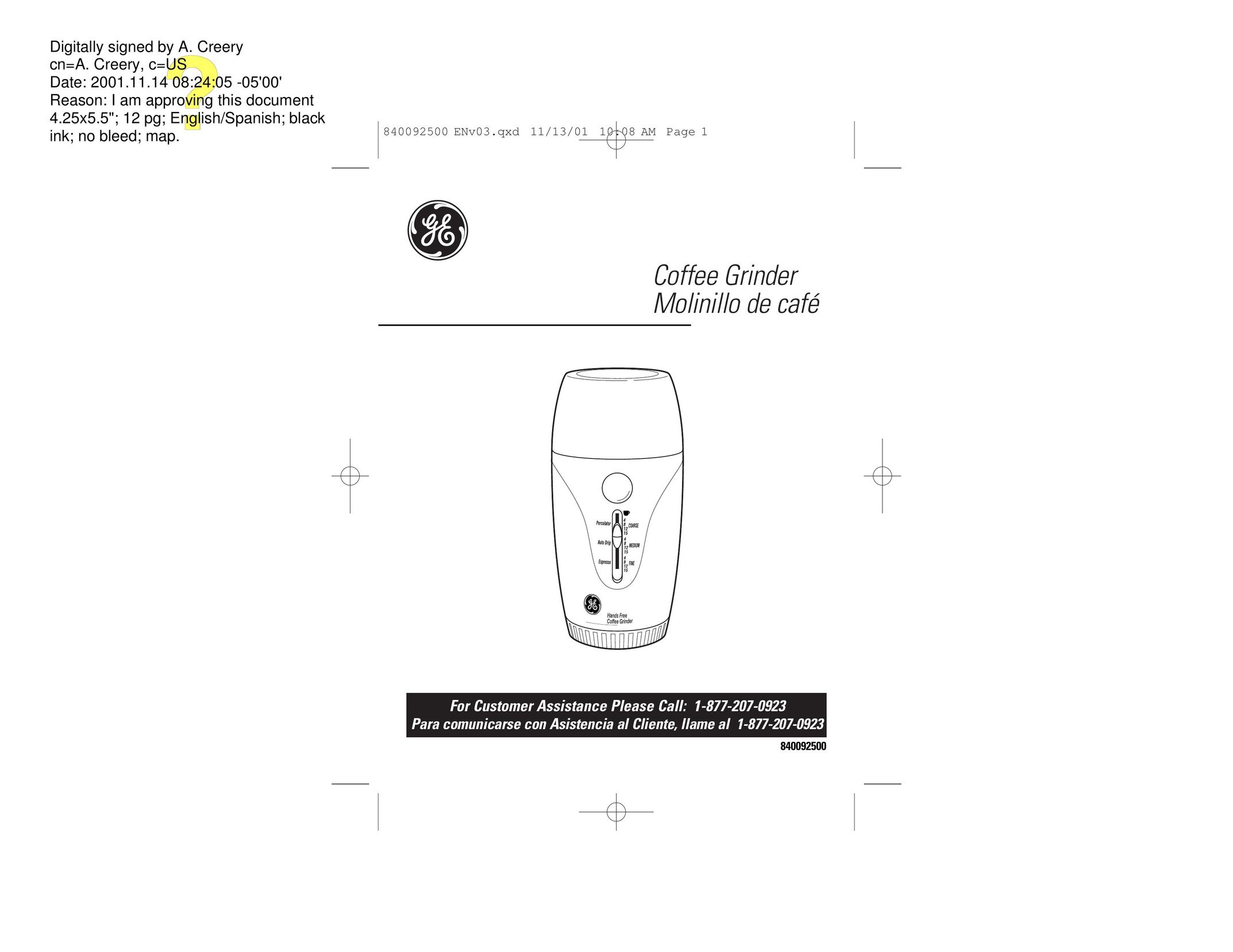 GE 168940 Coffee Grinder User Manual