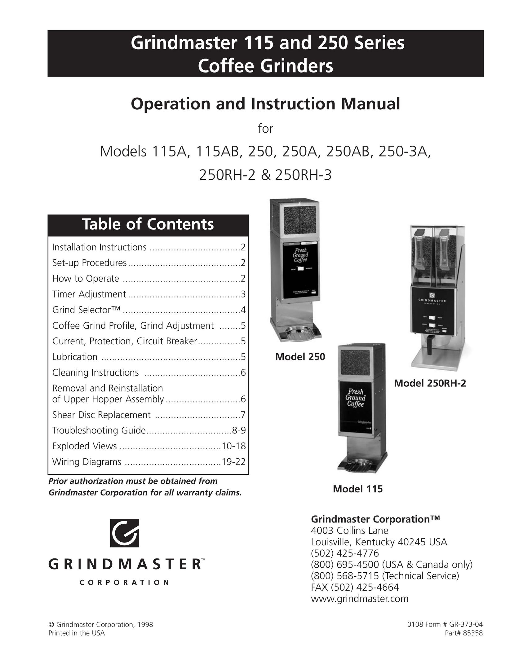 Grindmaster 250RH-2 Coffee Grinder User Manual