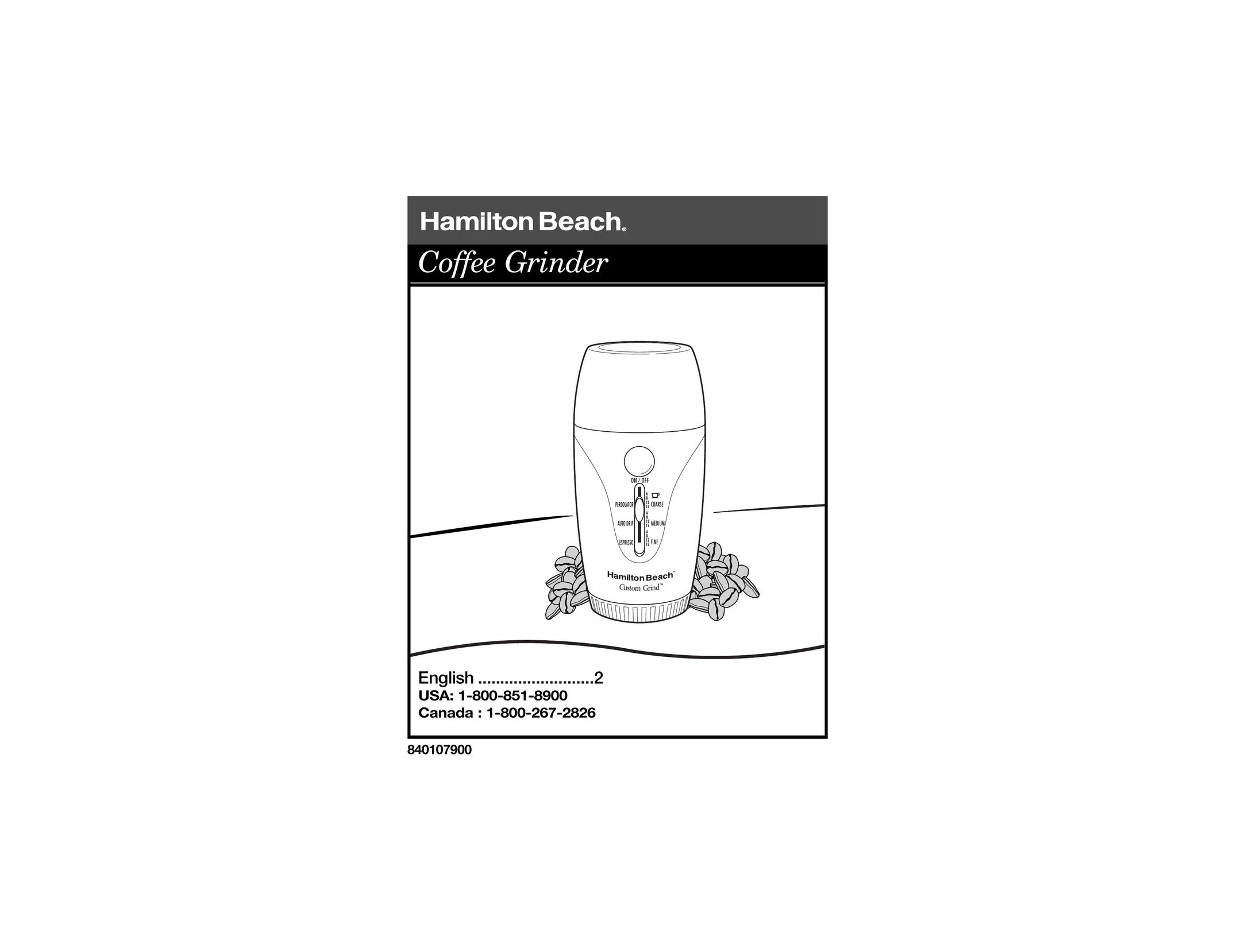 Hamilton Beach 840107900 Coffee Grinder User Manual
