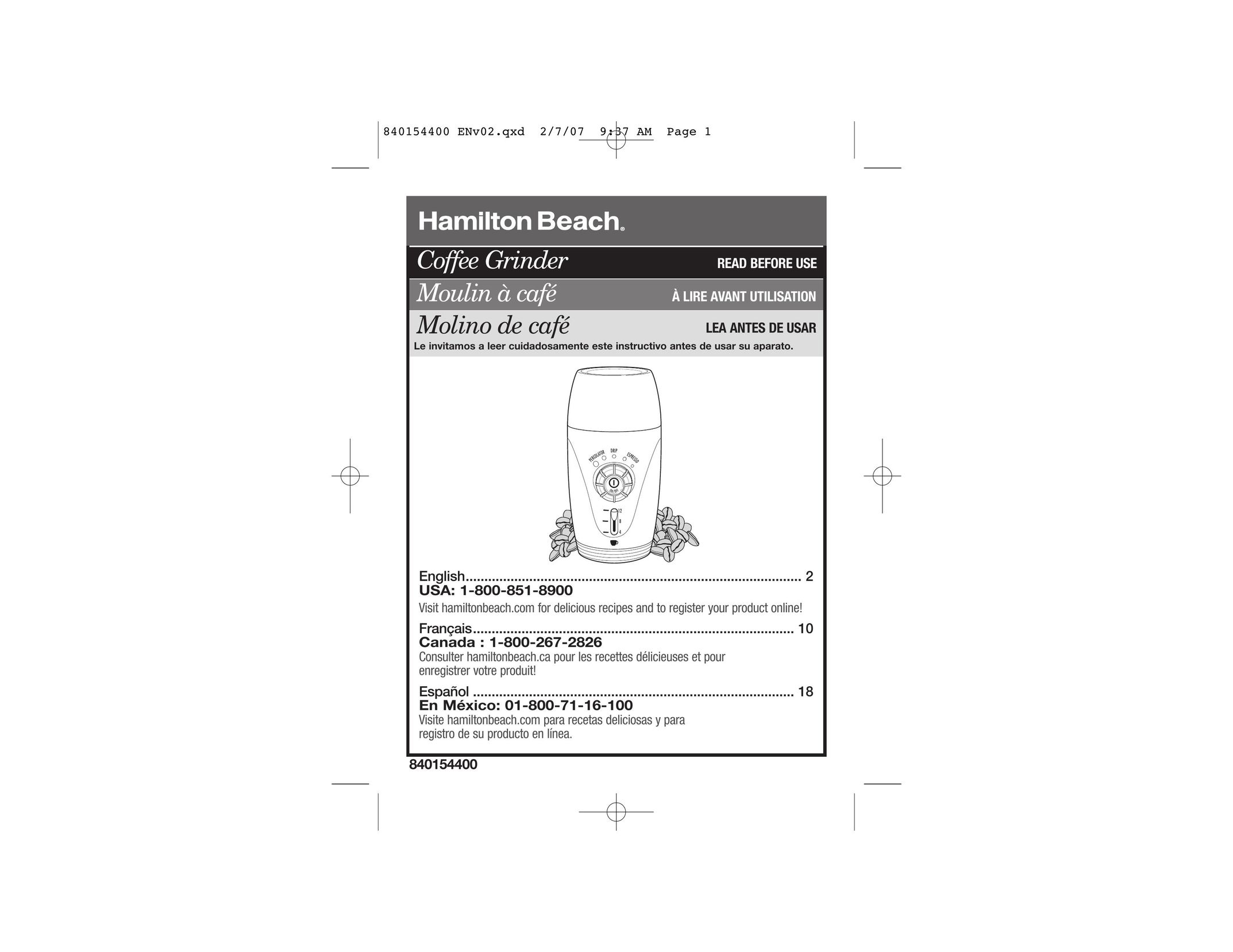 Hamilton Beach 840154400 Coffee Grinder User Manual