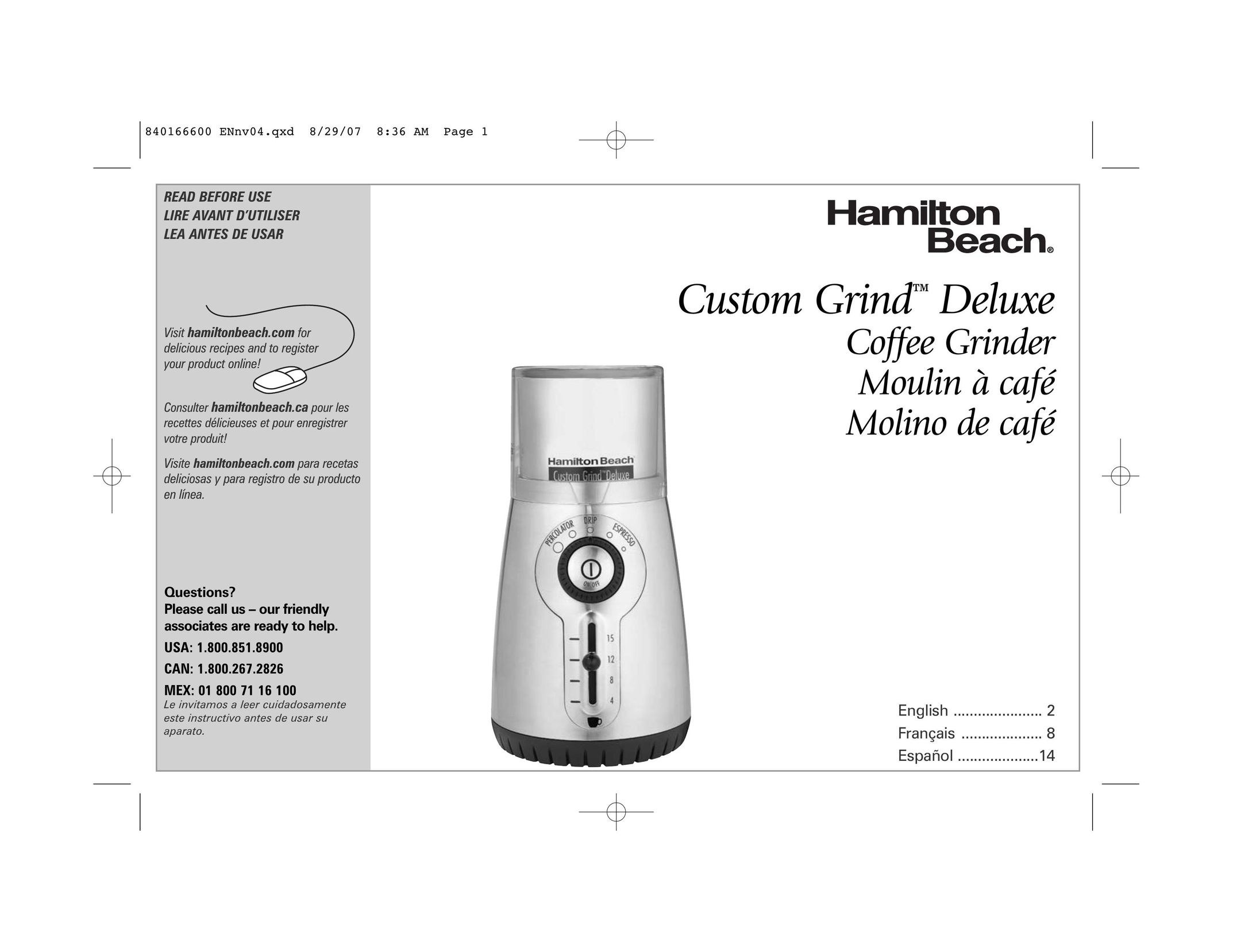 Hamilton Beach Custom Grind Deluxe Coffee Grinder User Manual