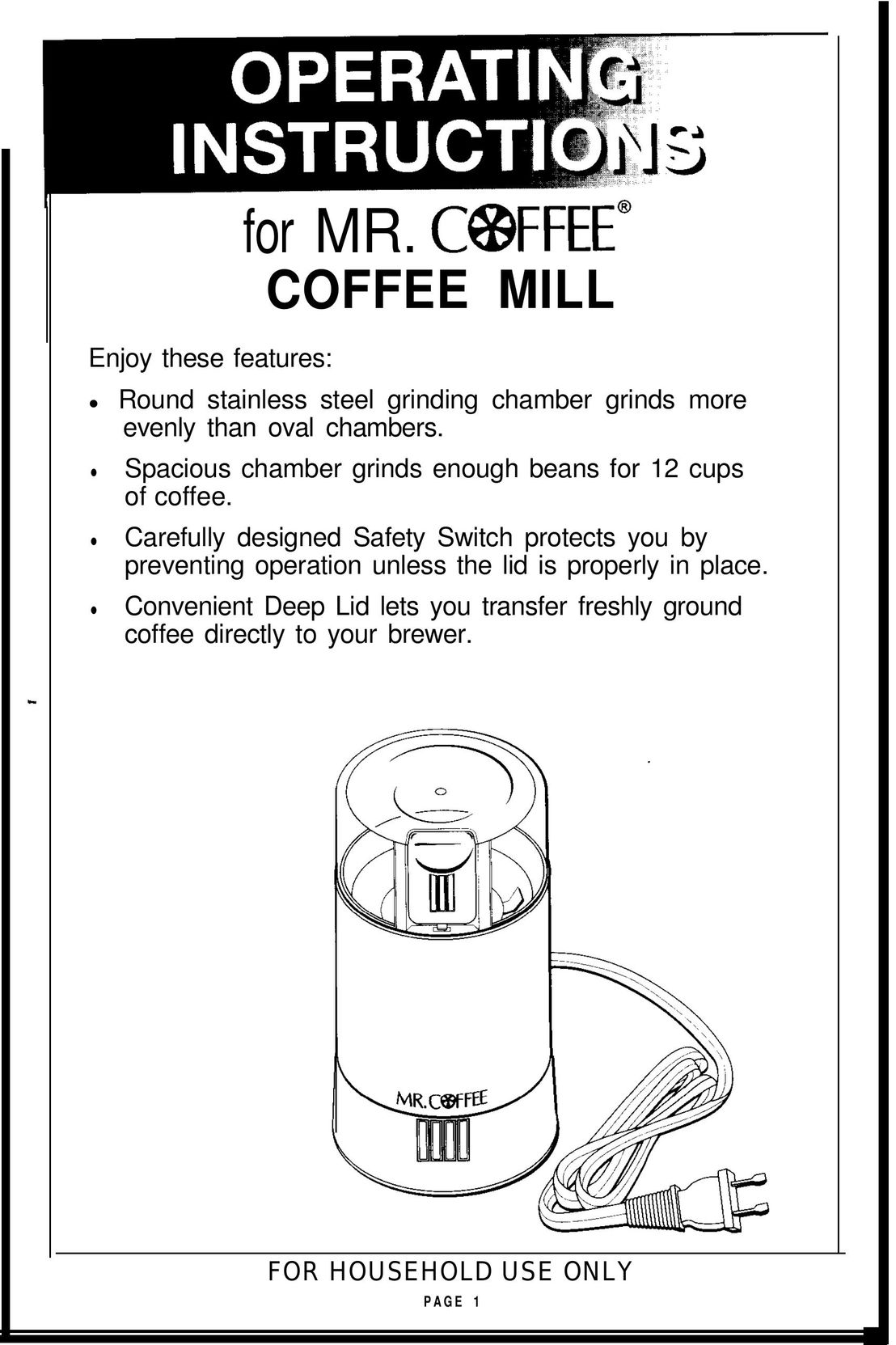 Mr. Coffee COFFEE MILL Coffee Grinder User Manual