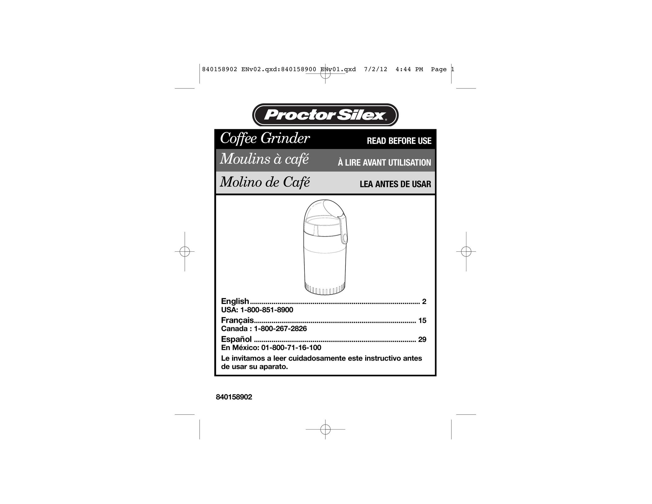 Proctor-Silex E160B Coffee Grinder User Manual