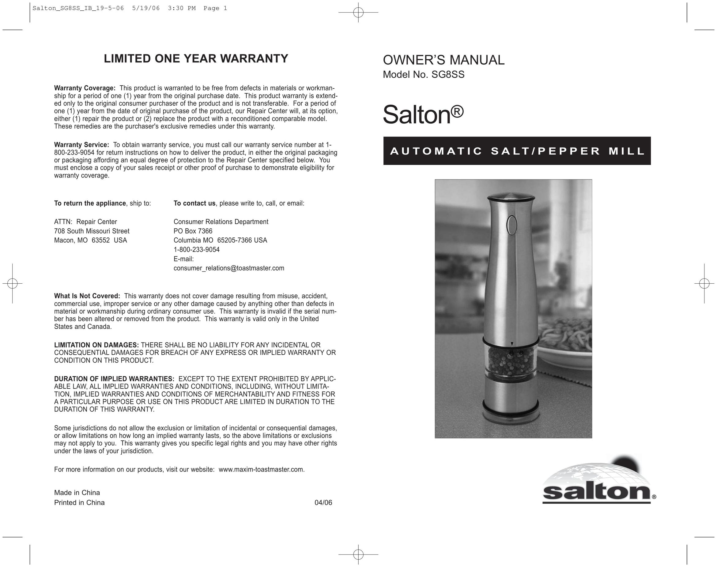 Salton SG8SS Coffee Grinder User Manual