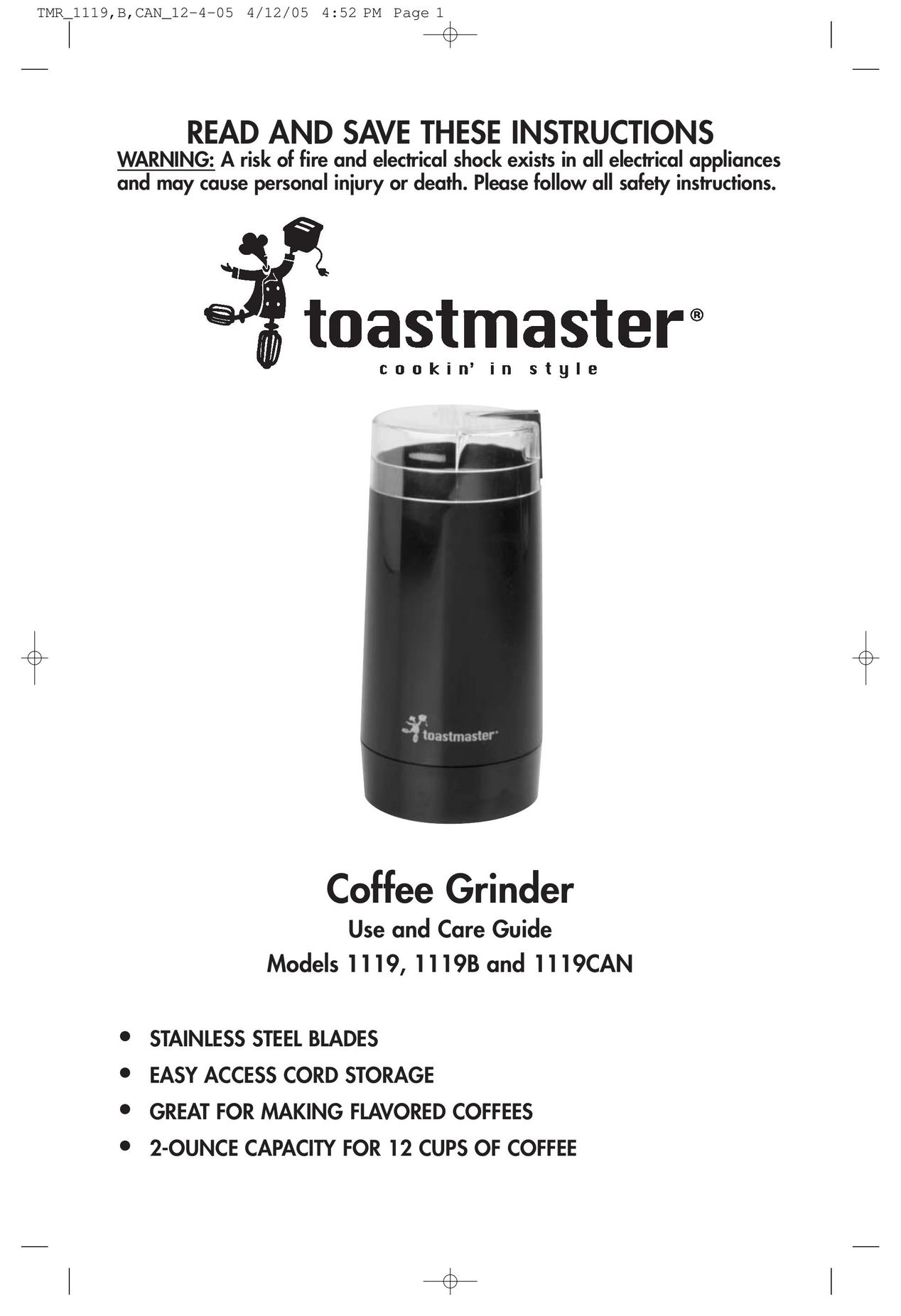 Toastmaster 1119 Coffee Grinder User Manual