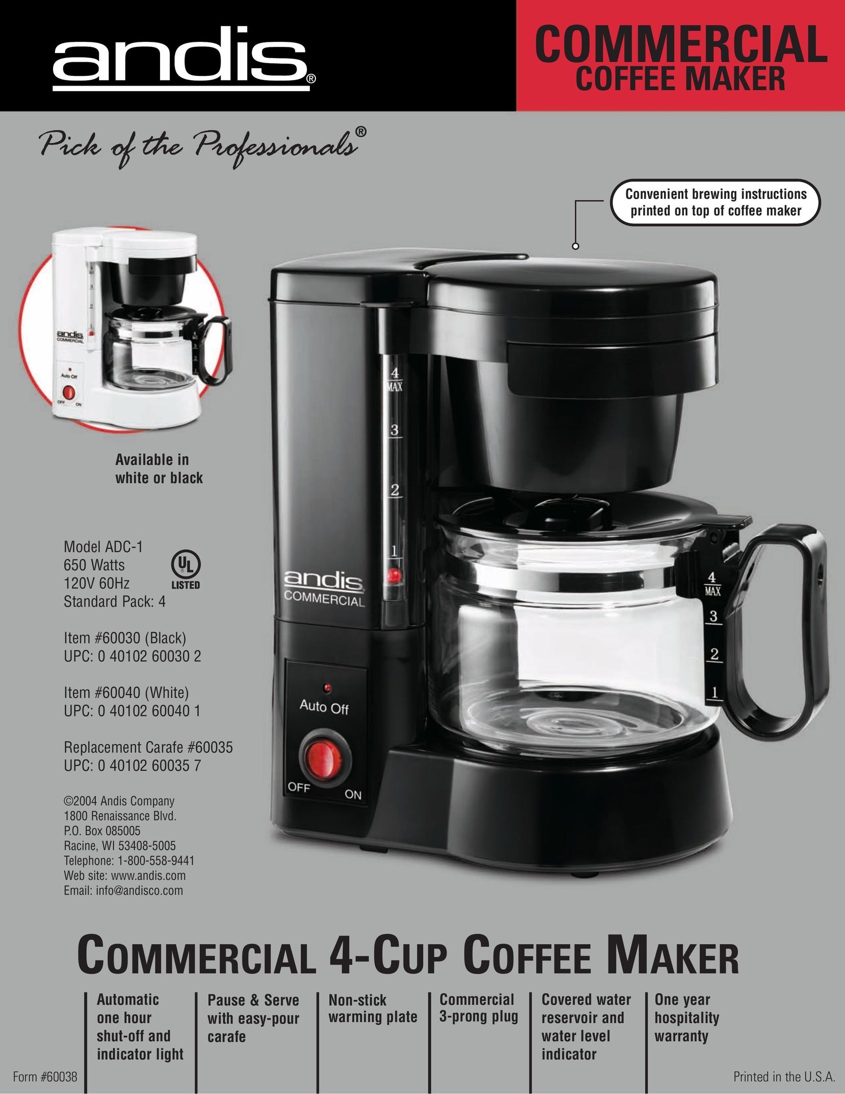 Andis Company 60040 Coffeemaker User Manual