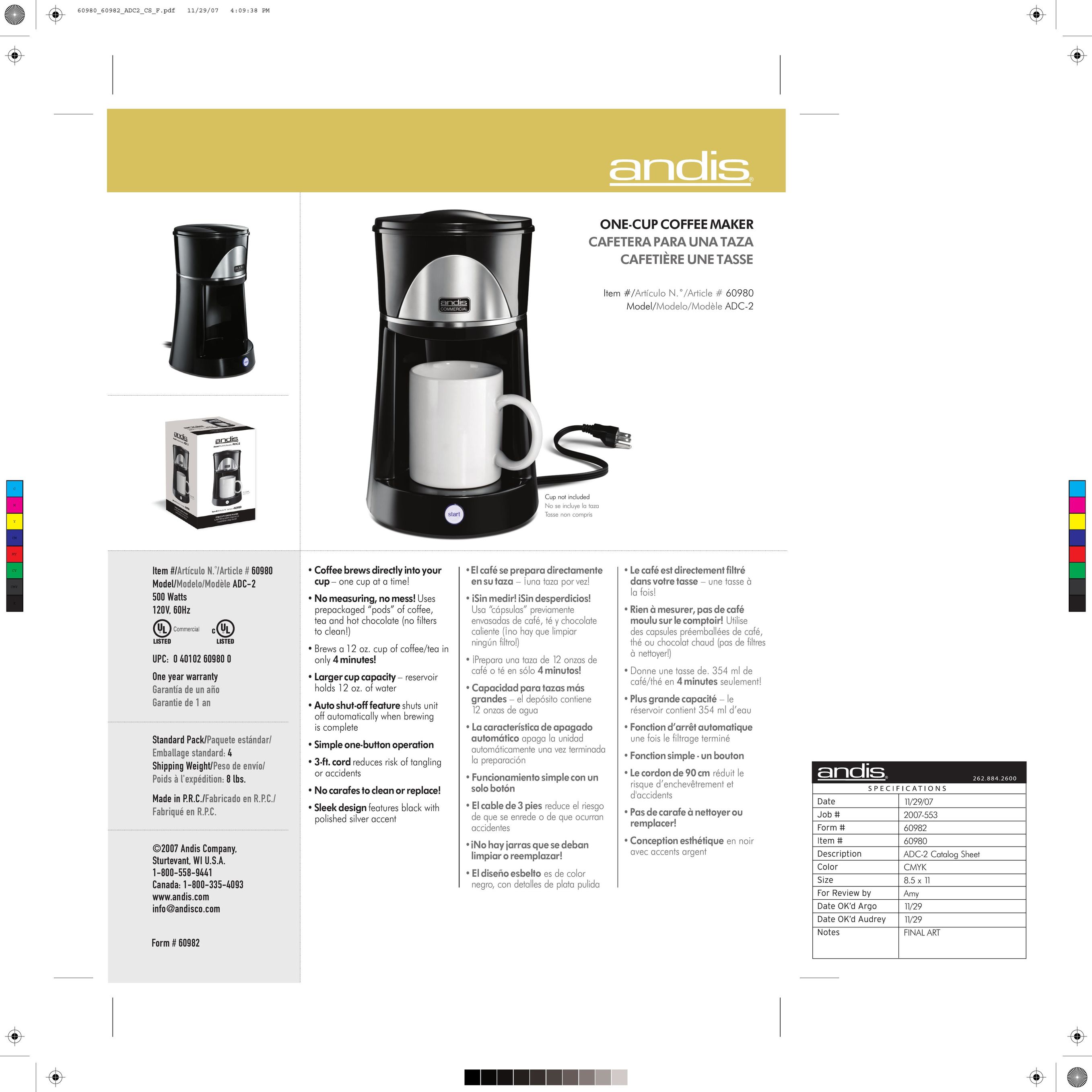 Andis Company 60982 Coffeemaker User Manual