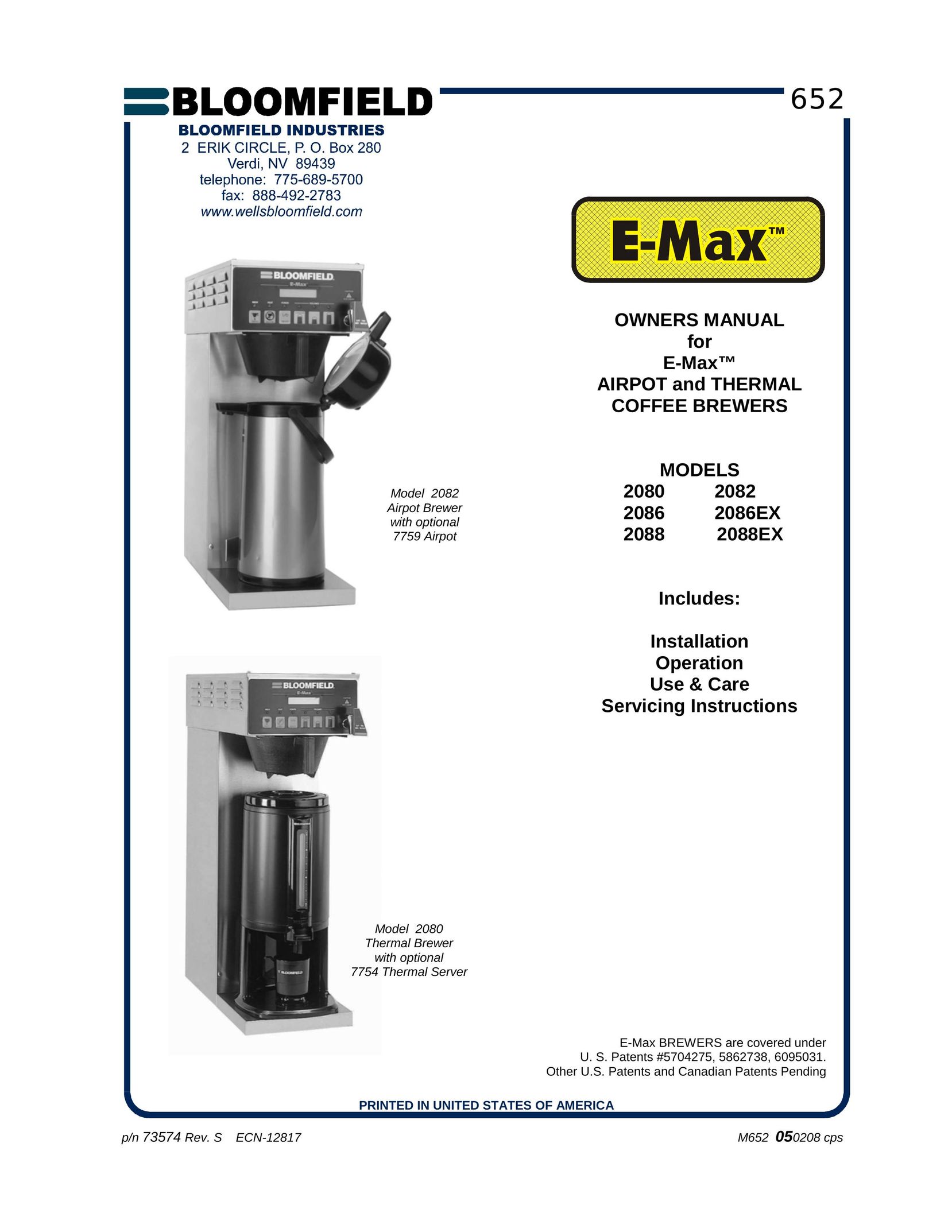 Bloomfield 2086EX Coffeemaker User Manual