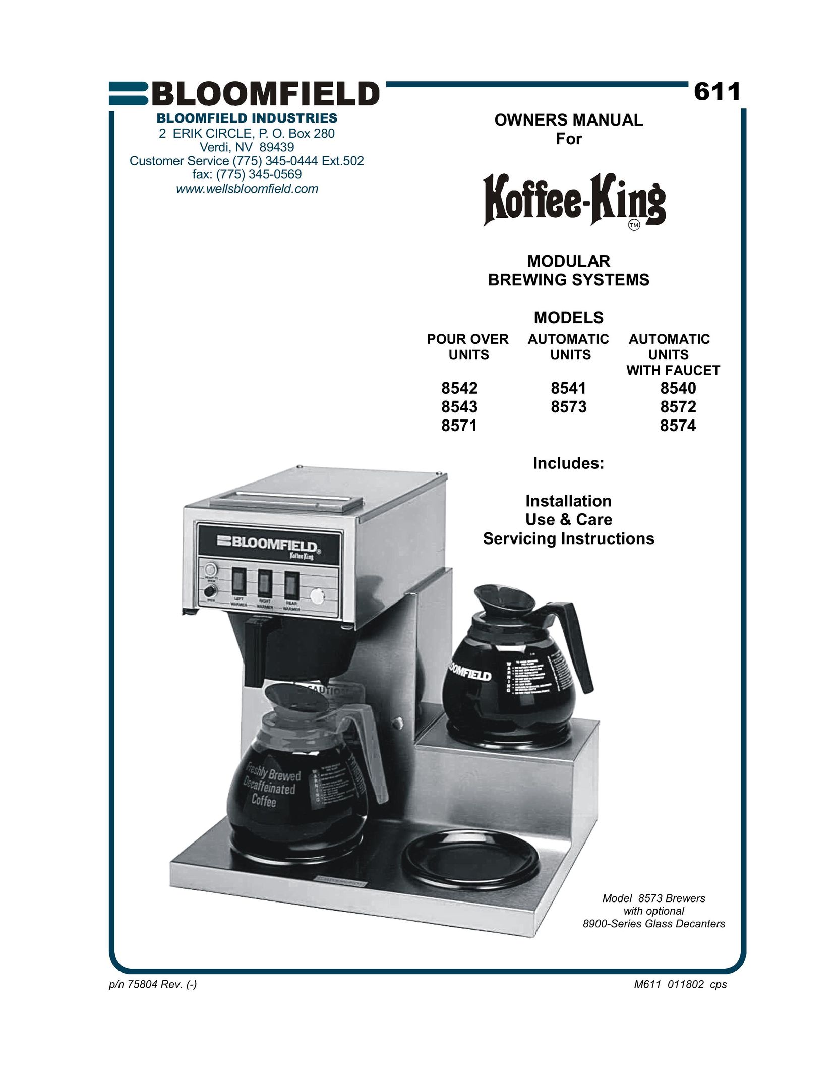 Bloomfield 8540 Coffeemaker User Manual