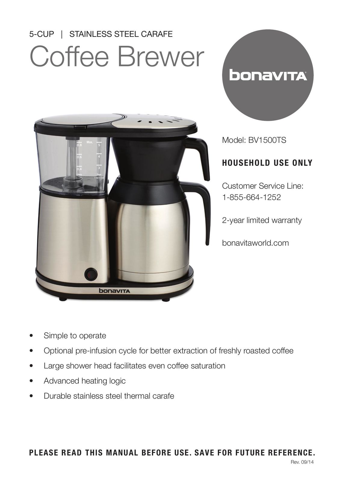 Bonavita BV1500TS Coffeemaker User Manual