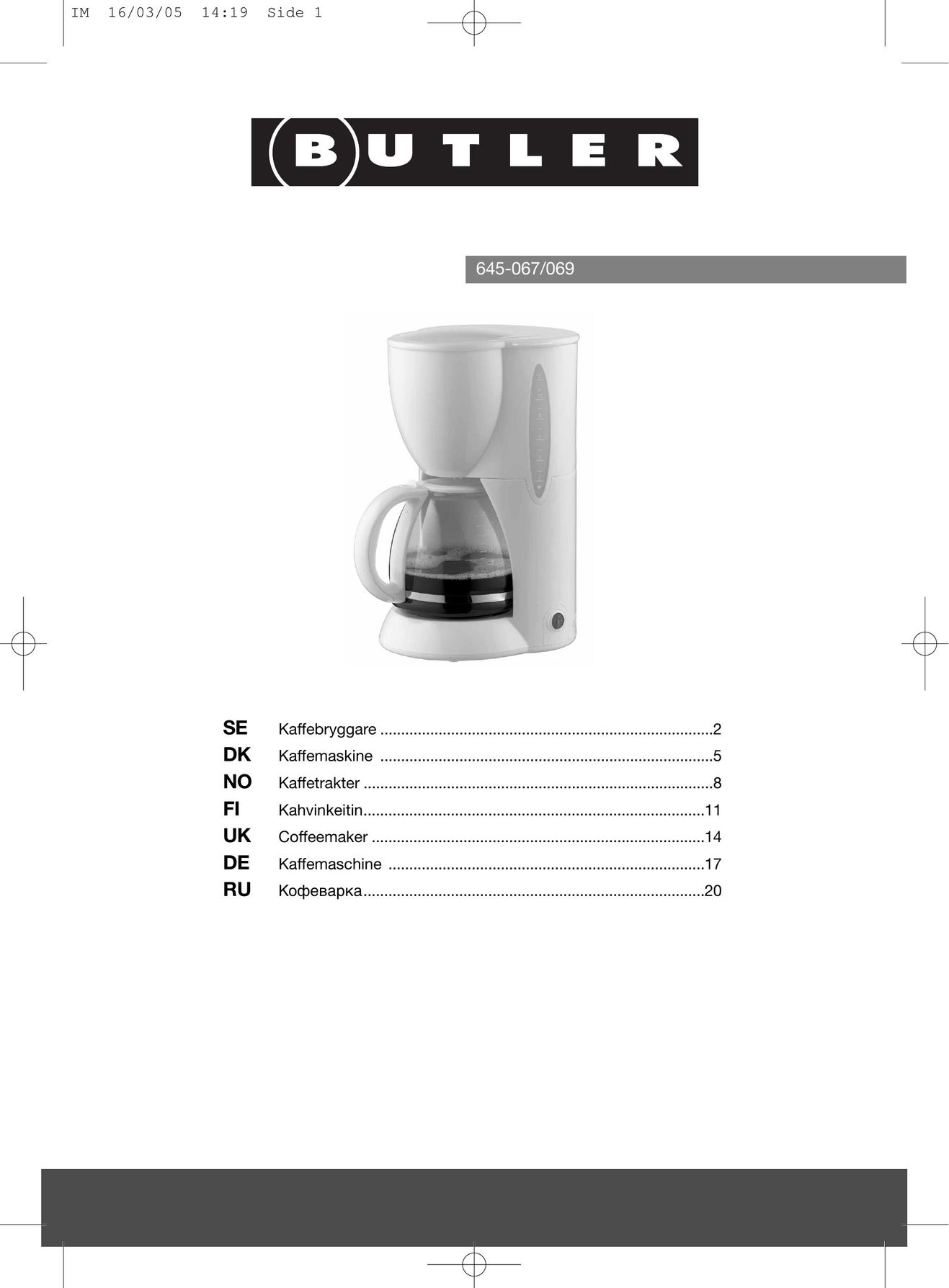 Butler 645-067 Coffeemaker User Manual