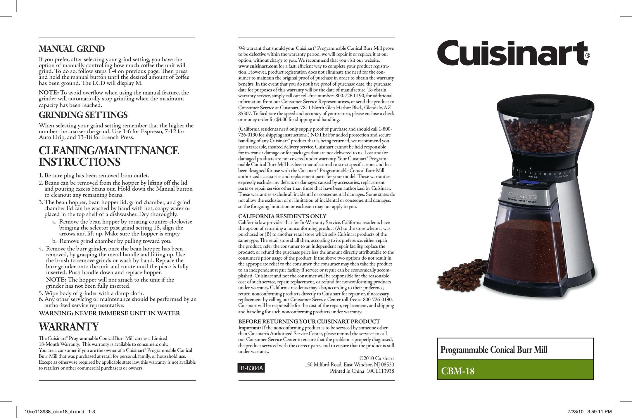 Cuisinart CBM-18 Coffeemaker User Manual