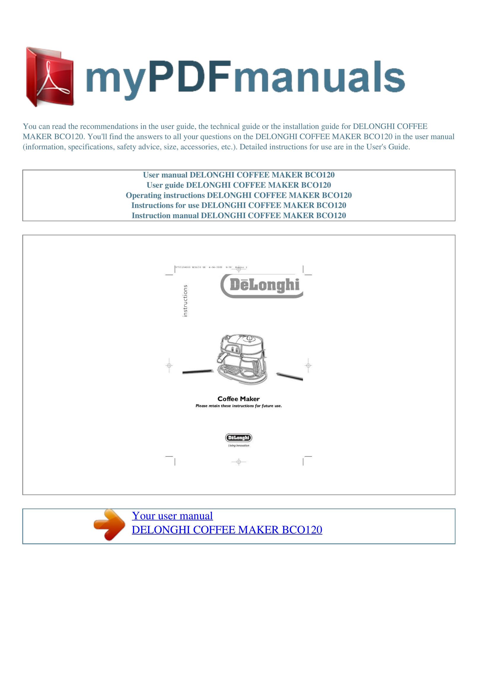 DeLonghi BCO120 Coffeemaker User Manual