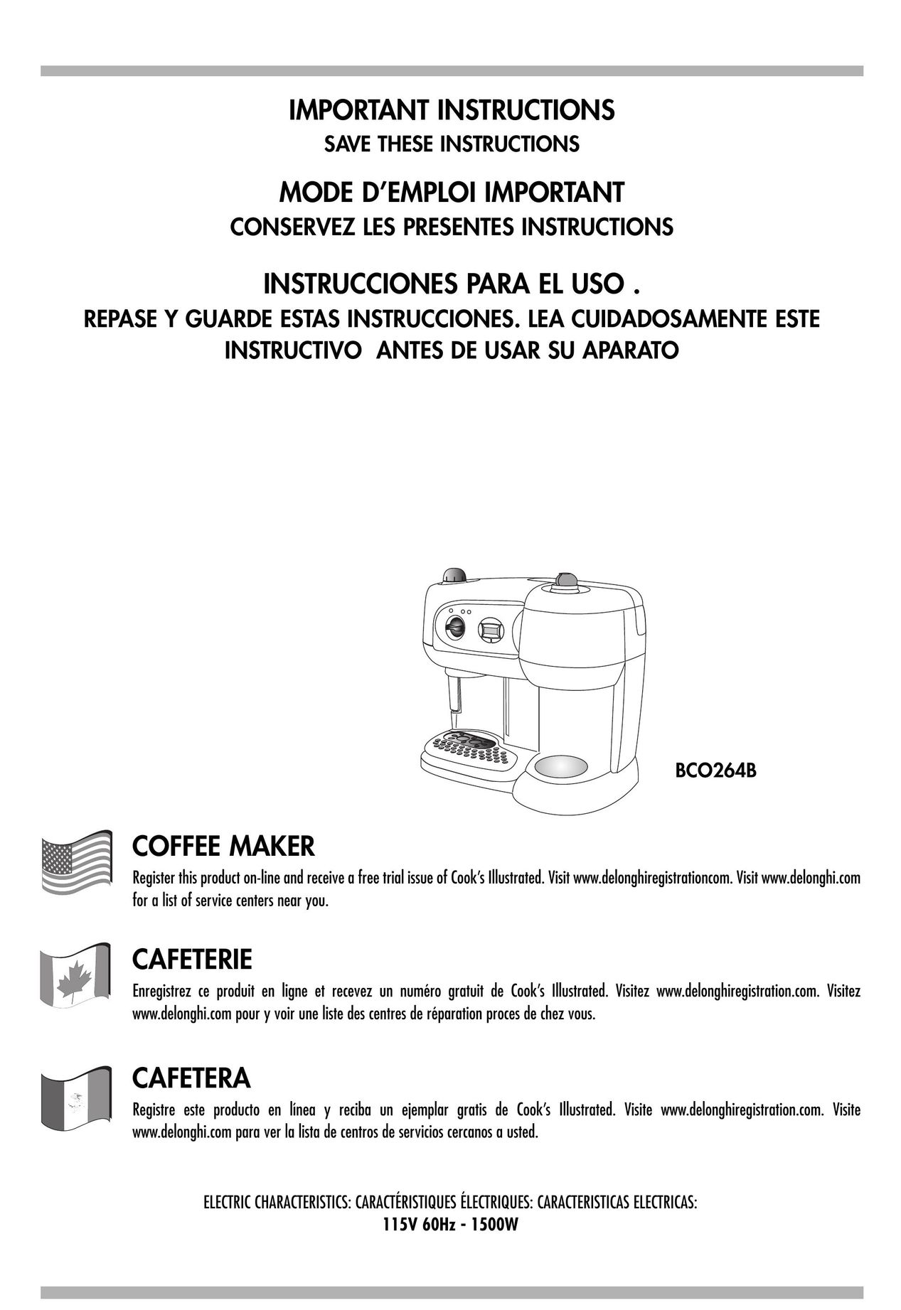 DeLonghi BCO264B Coffeemaker User Manual