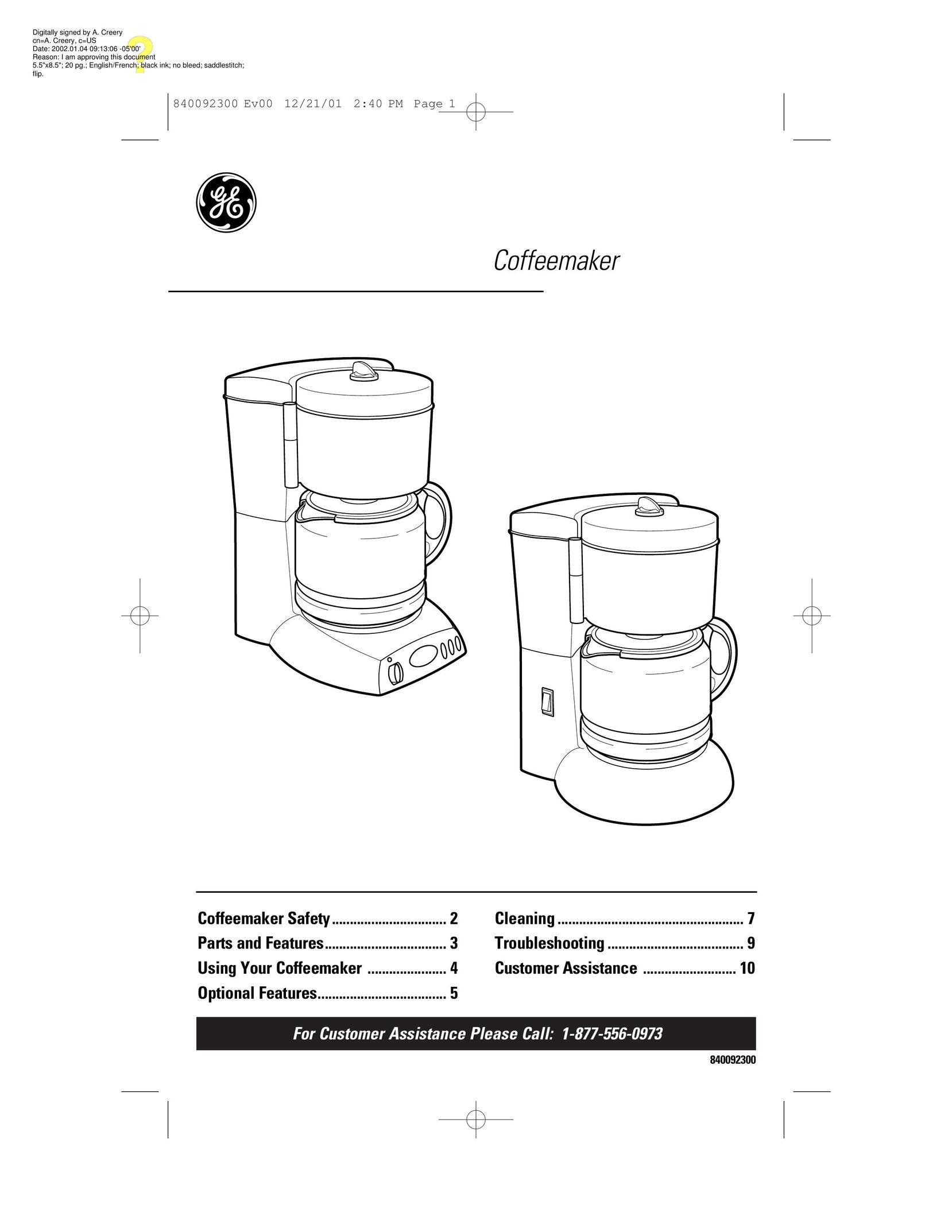 GE 106804 Coffeemaker User Manual