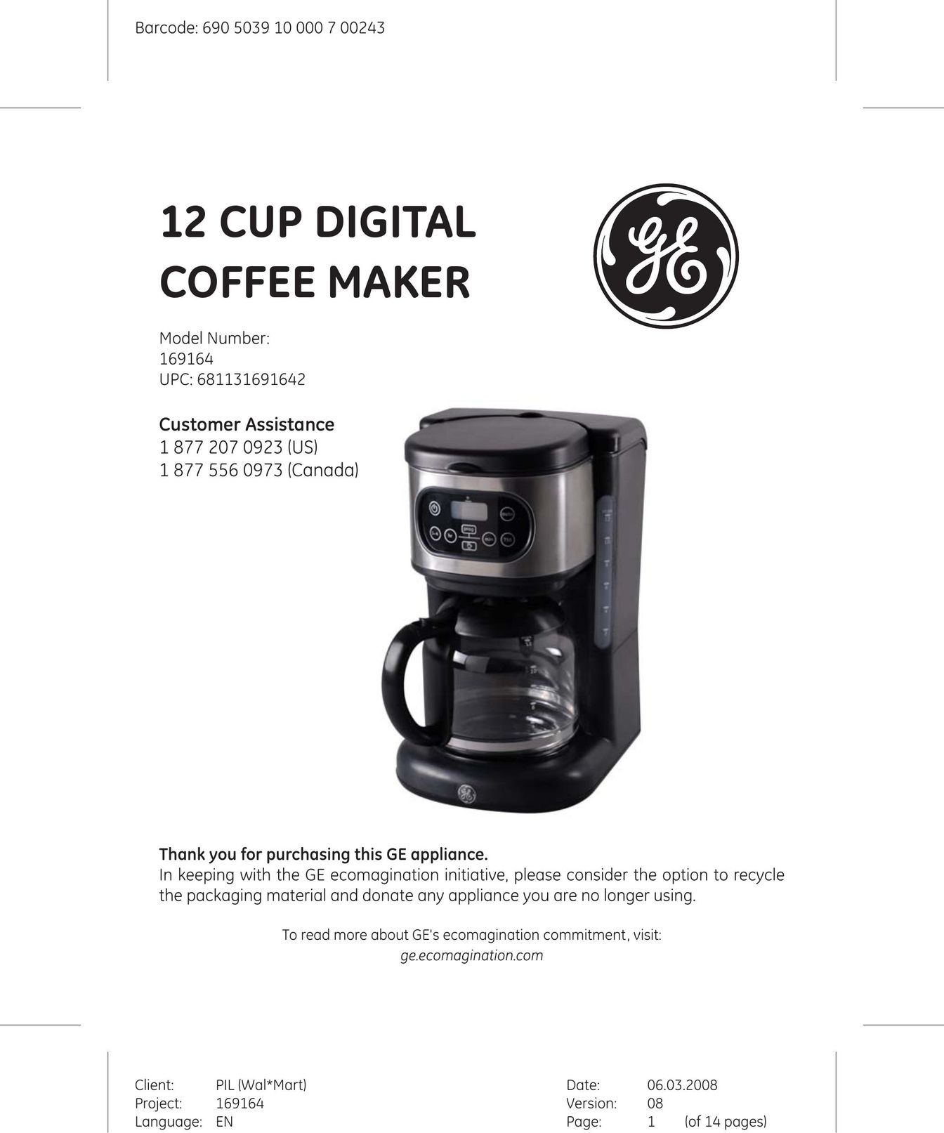 GE 169164 Coffeemaker User Manual